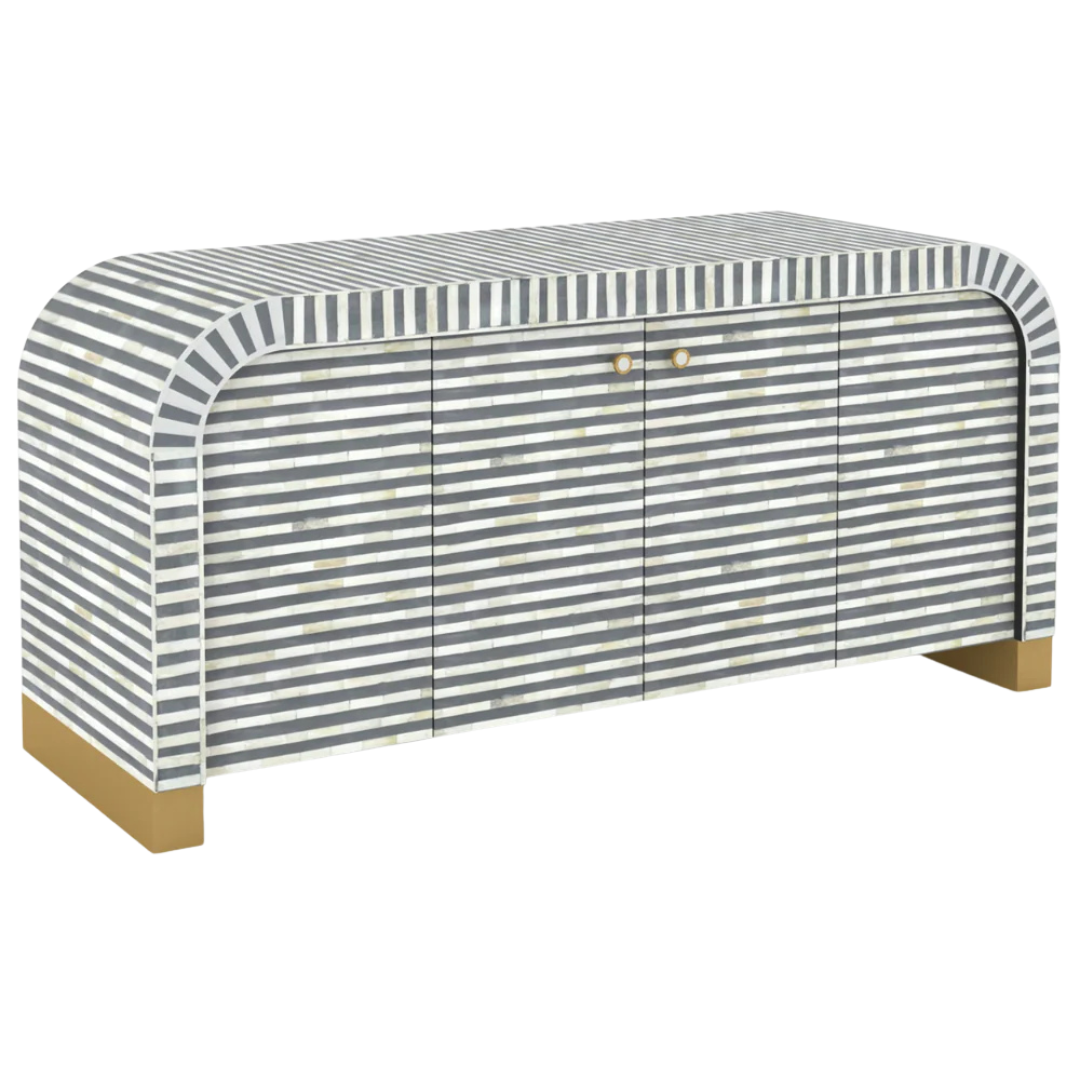 Handcrafted Grey Mother of Pearl Inlay Sideboard with intricate Bone Inlay, featuring striped pattern and sleek metal legs. A luxurious storage solution for any space.