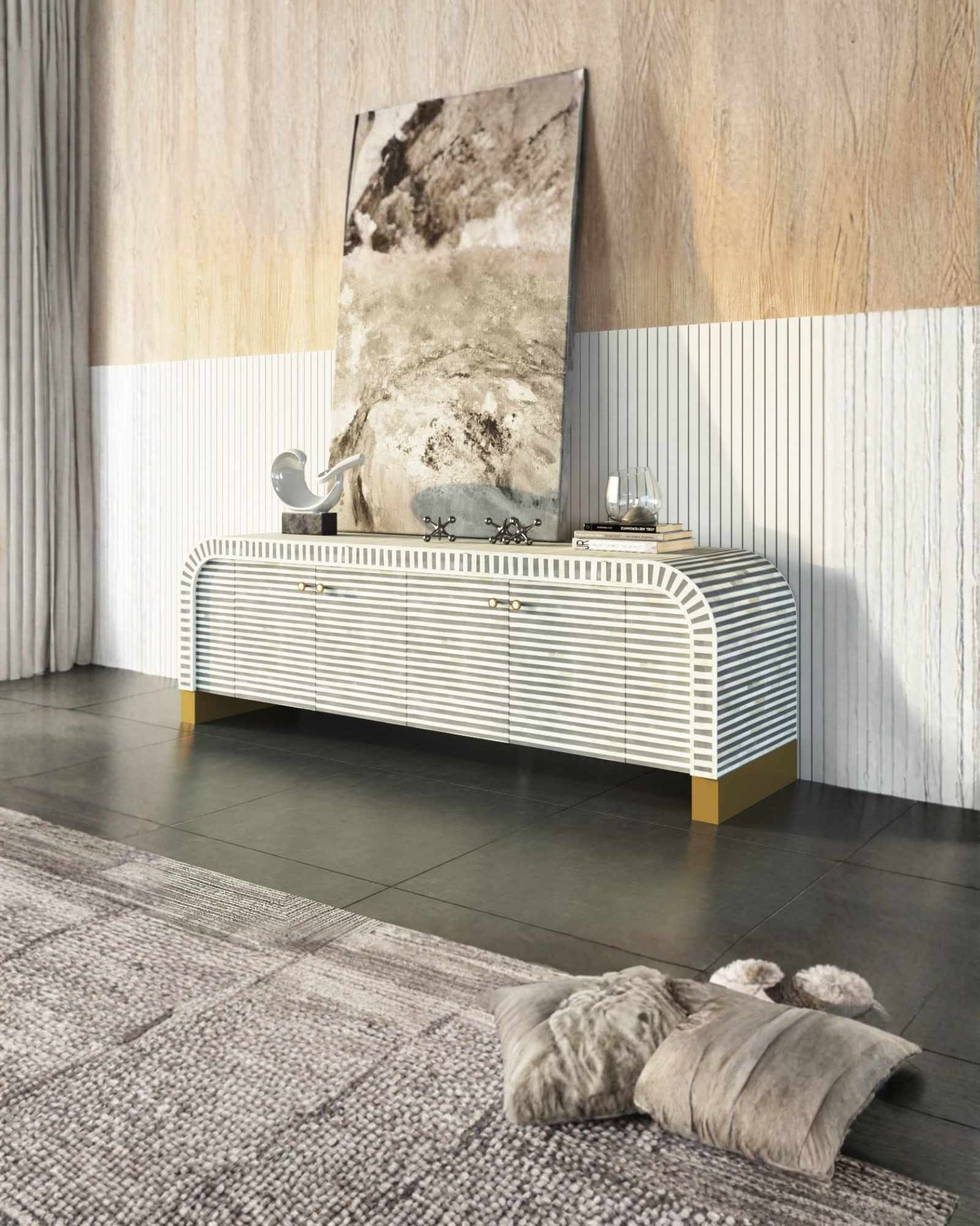 Handcrafted grey TV Unit with intricate Bone inlay, featuring a striped pattern and sleek Metal legs. A luxurious storage solution for any space.