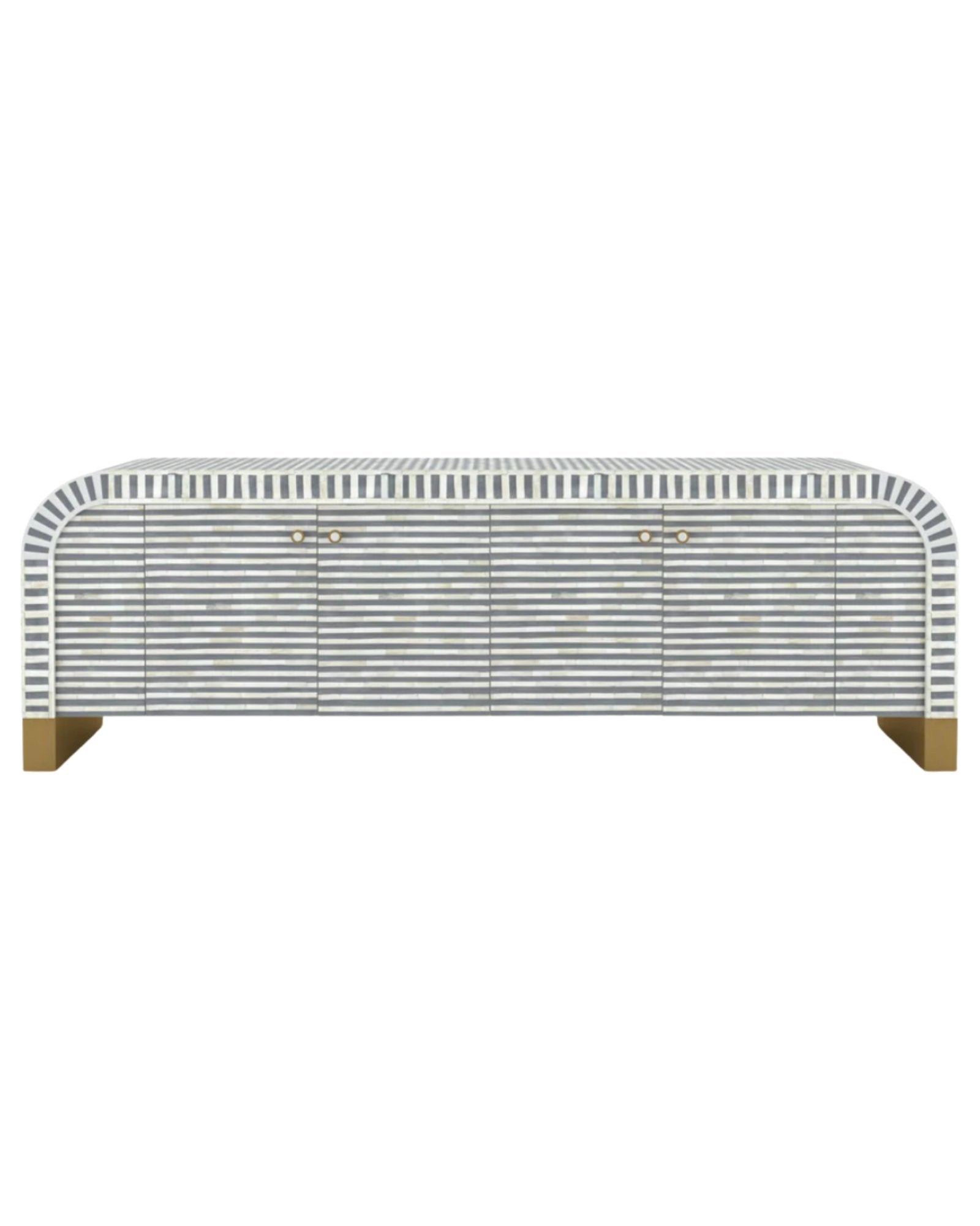 Handcrafted grey TV Unit with intricate Bone inlay, featuring a striped pattern and sleek Metal legs. A luxurious storage solution for any space.