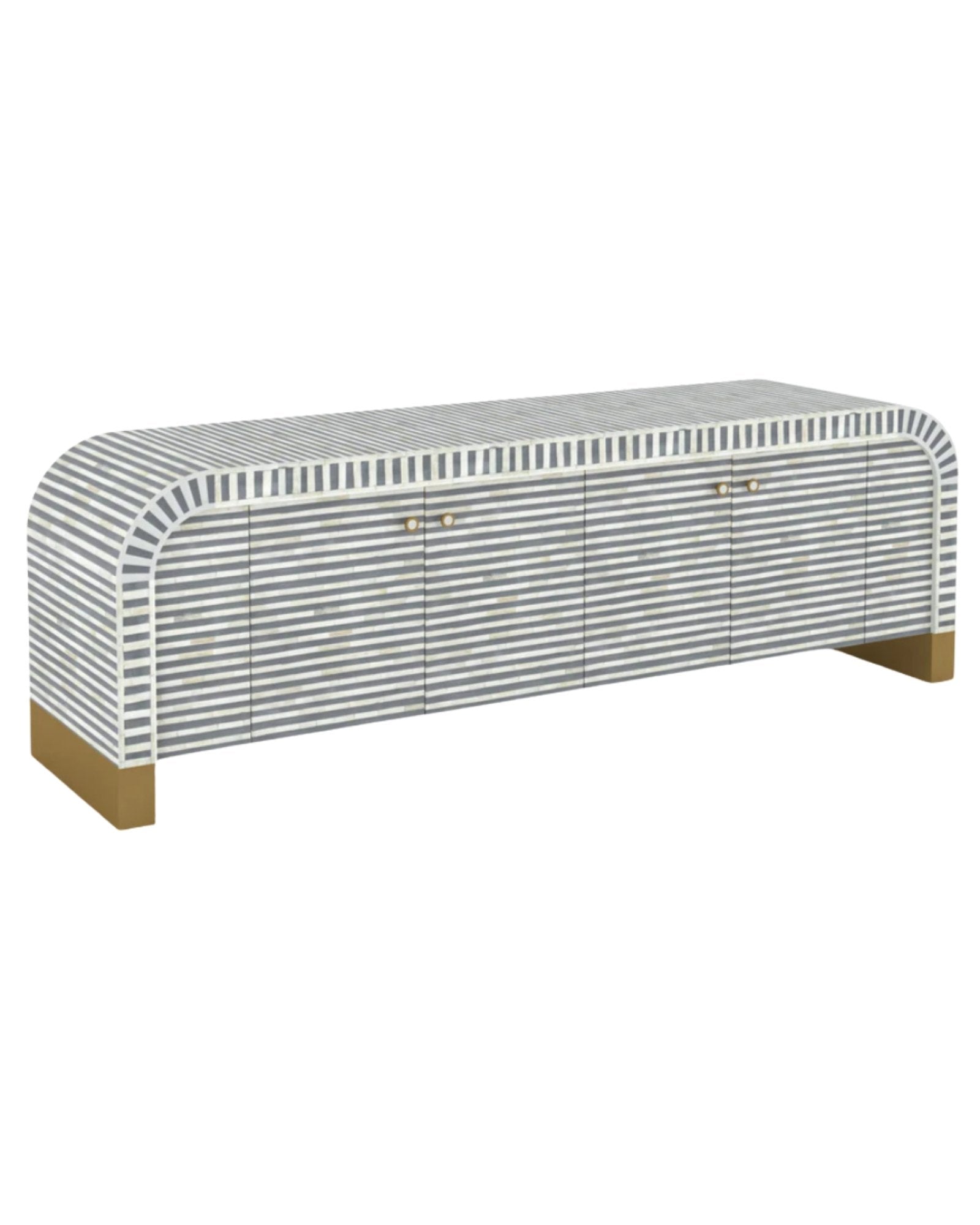 Handcrafted grey TV Unit with intricate Bone inlay, featuring a striped pattern and sleek Metal legs. A luxurious storage solution for any space.