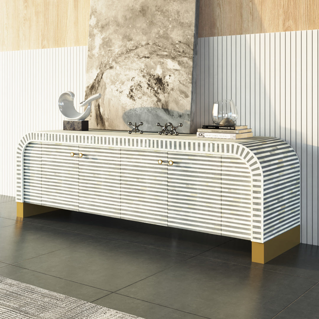 Handcrafted grey TV Unit with intricate Bone inlay, featuring a striped pattern and sleek Metal legs. A luxurious storage solution for any space.