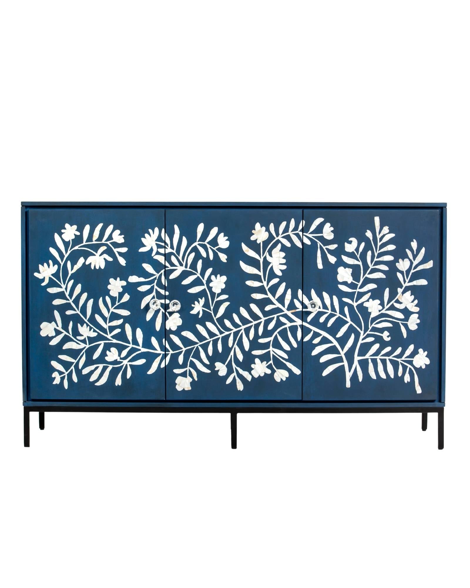 Mother of pearl inlay cabinet featuring intricate floral vine pattern in blue and white, handcrafted furniture piece.