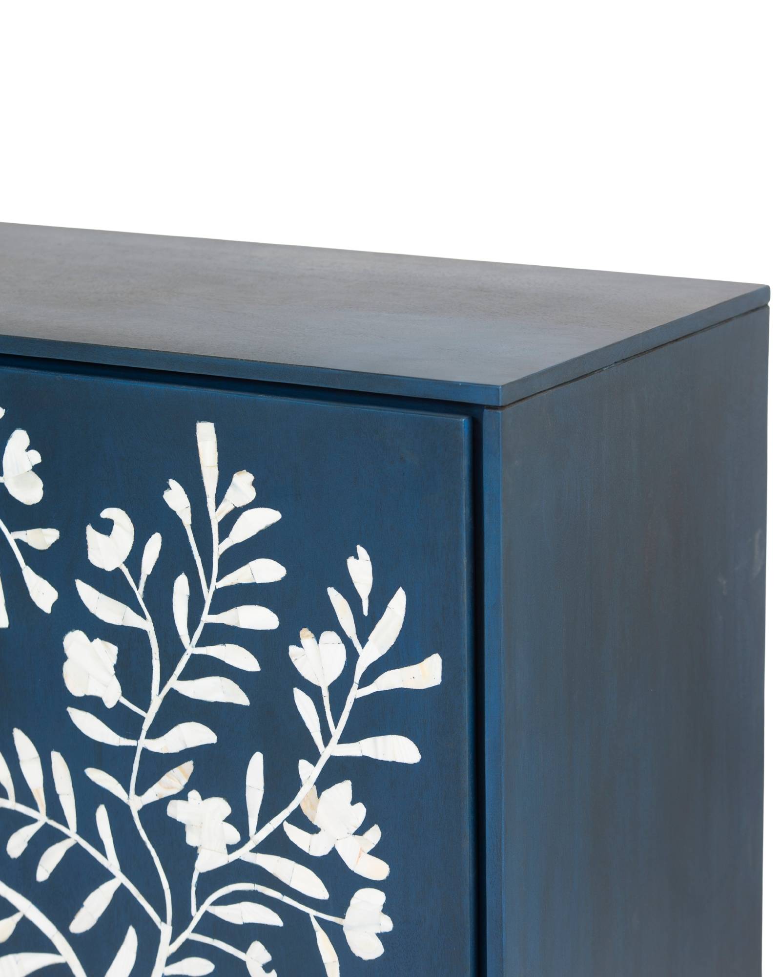 Mother of pearl inlay cabinet featuring intricate floral vine pattern in blue and white, handcrafted furniture piece.