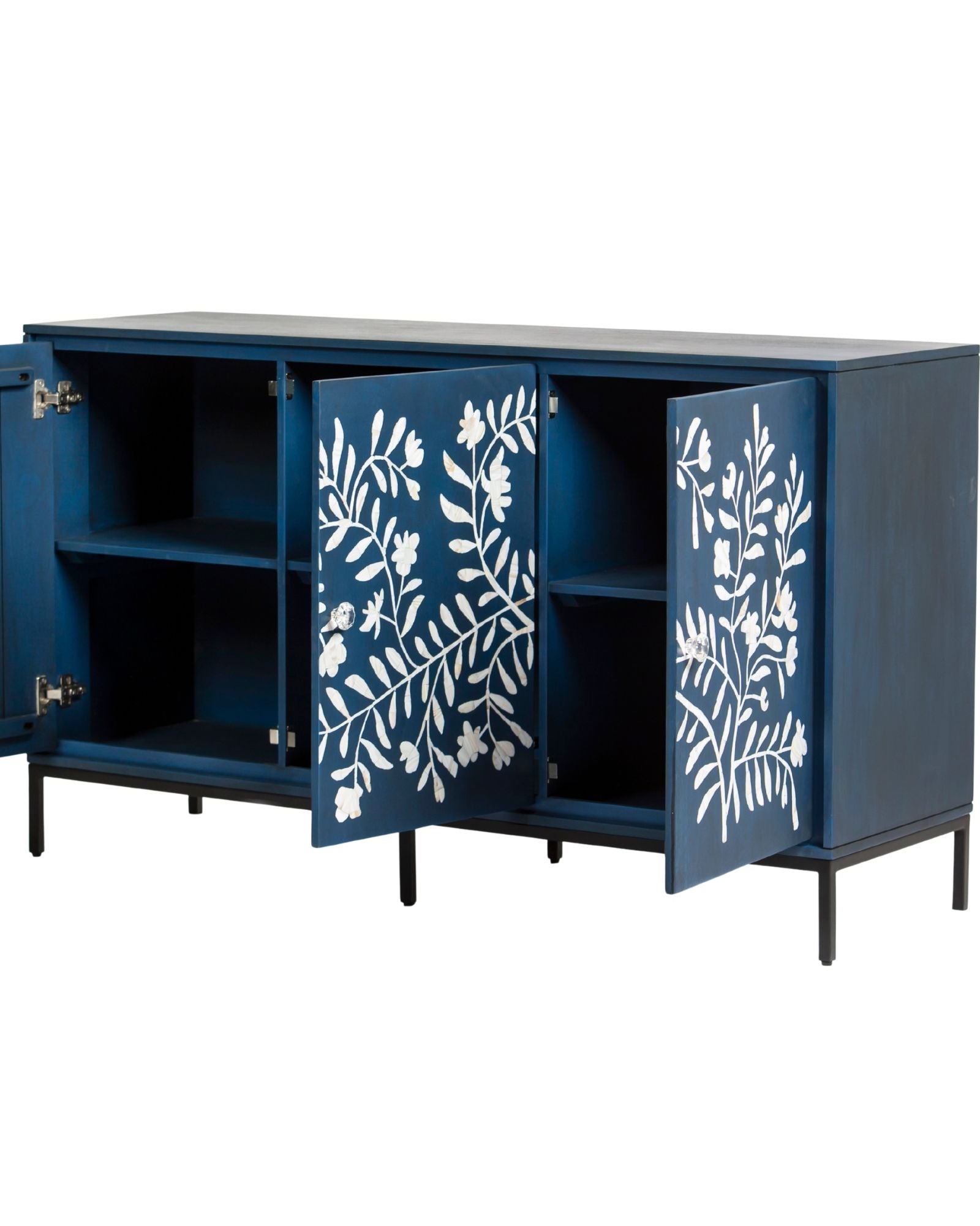 Mother of pearl inlay cabinet featuring intricate floral vine pattern in blue and white, handcrafted furniture piece.