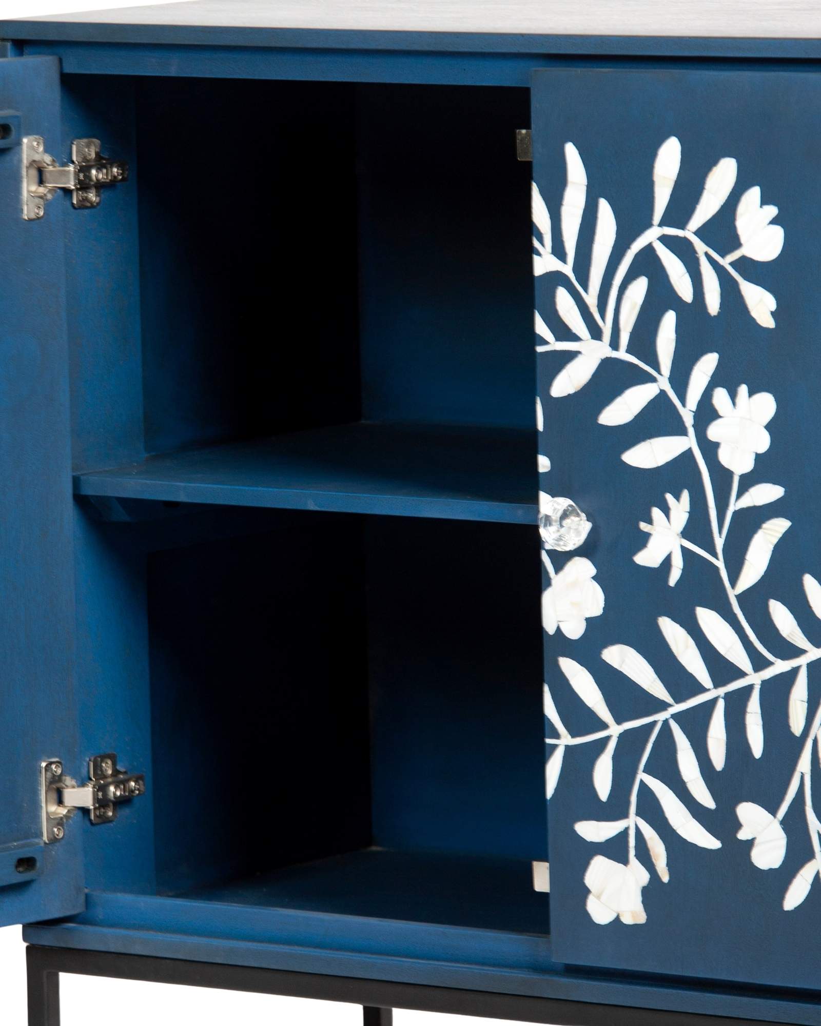 Mother of pearl inlay cabinet featuring intricate floral vine pattern in blue and white, handcrafted furniture piece.