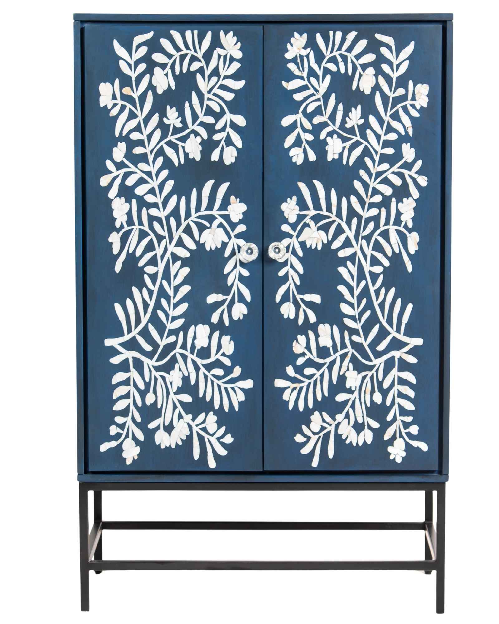 Mother of pearl inlay cabinet featuring intricate floral vine pattern in blue and white, handcrafted furniture piece.