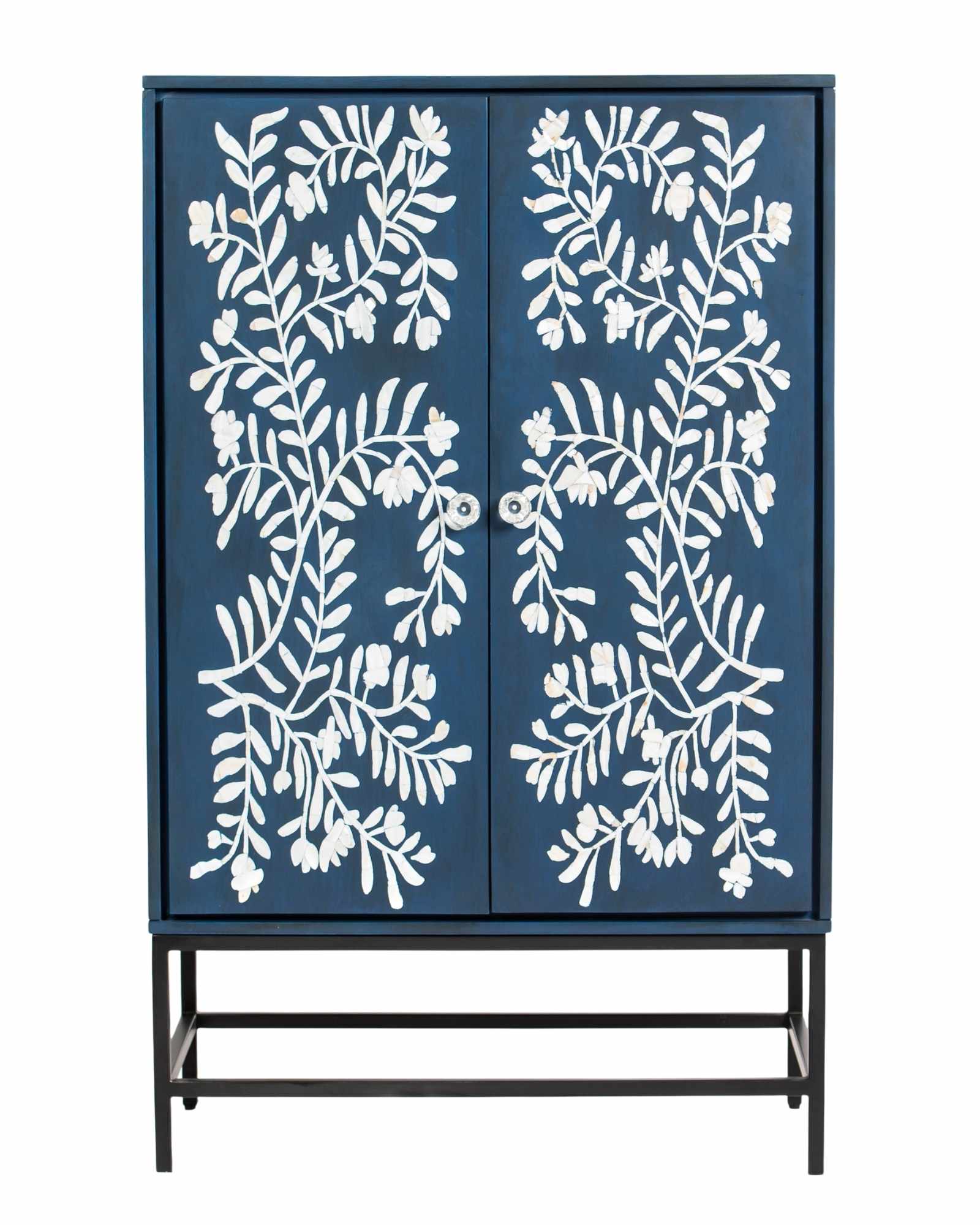 Mother of pearl inlay cabinet featuring intricate floral vine pattern in blue and white, handcrafted furniture piece.