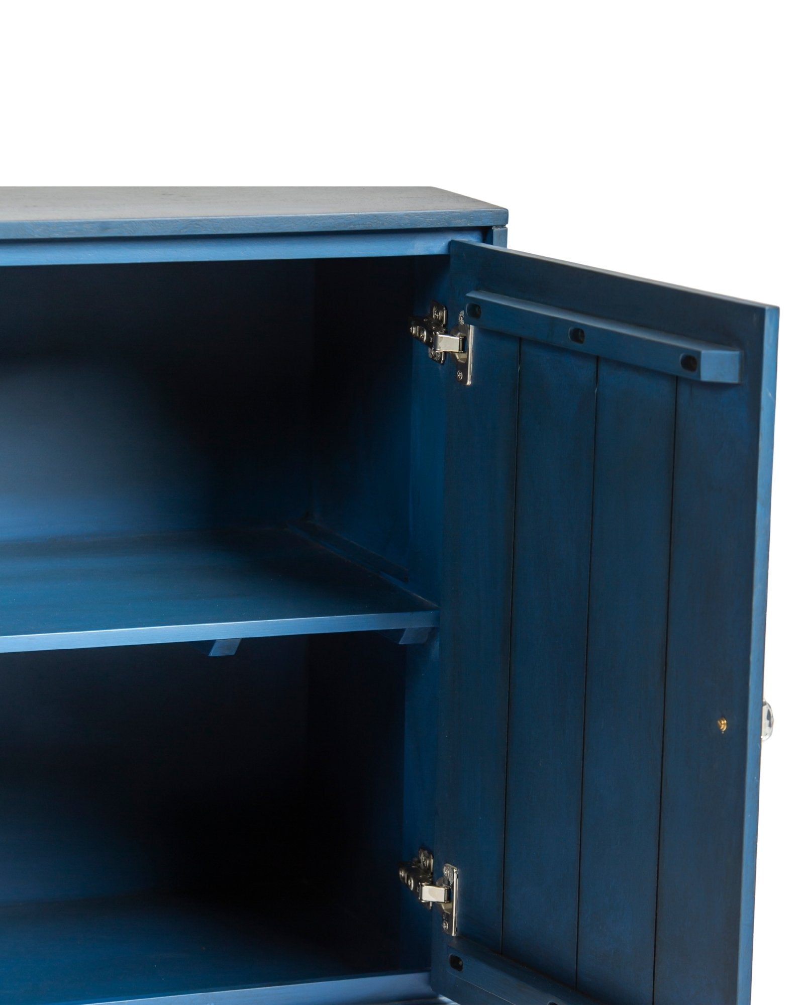 Mother of pearl inlay cabinet featuring intricate floral vine pattern in blue and white, handcrafted furniture piece.