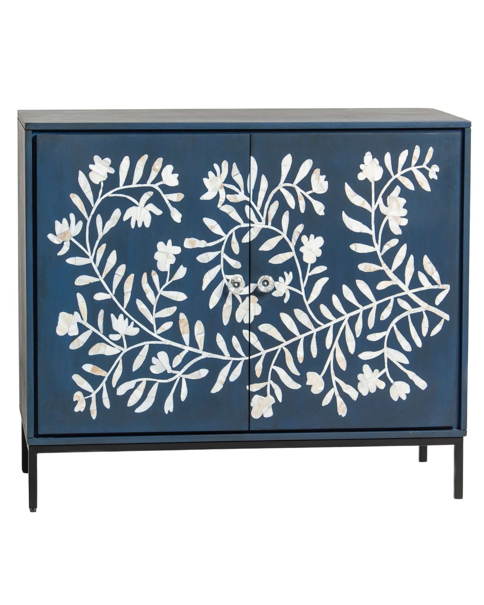 Mother of pearl inlay cabinet featuring intricate floral vine pattern in blue and white, handcrafted furniture piece.