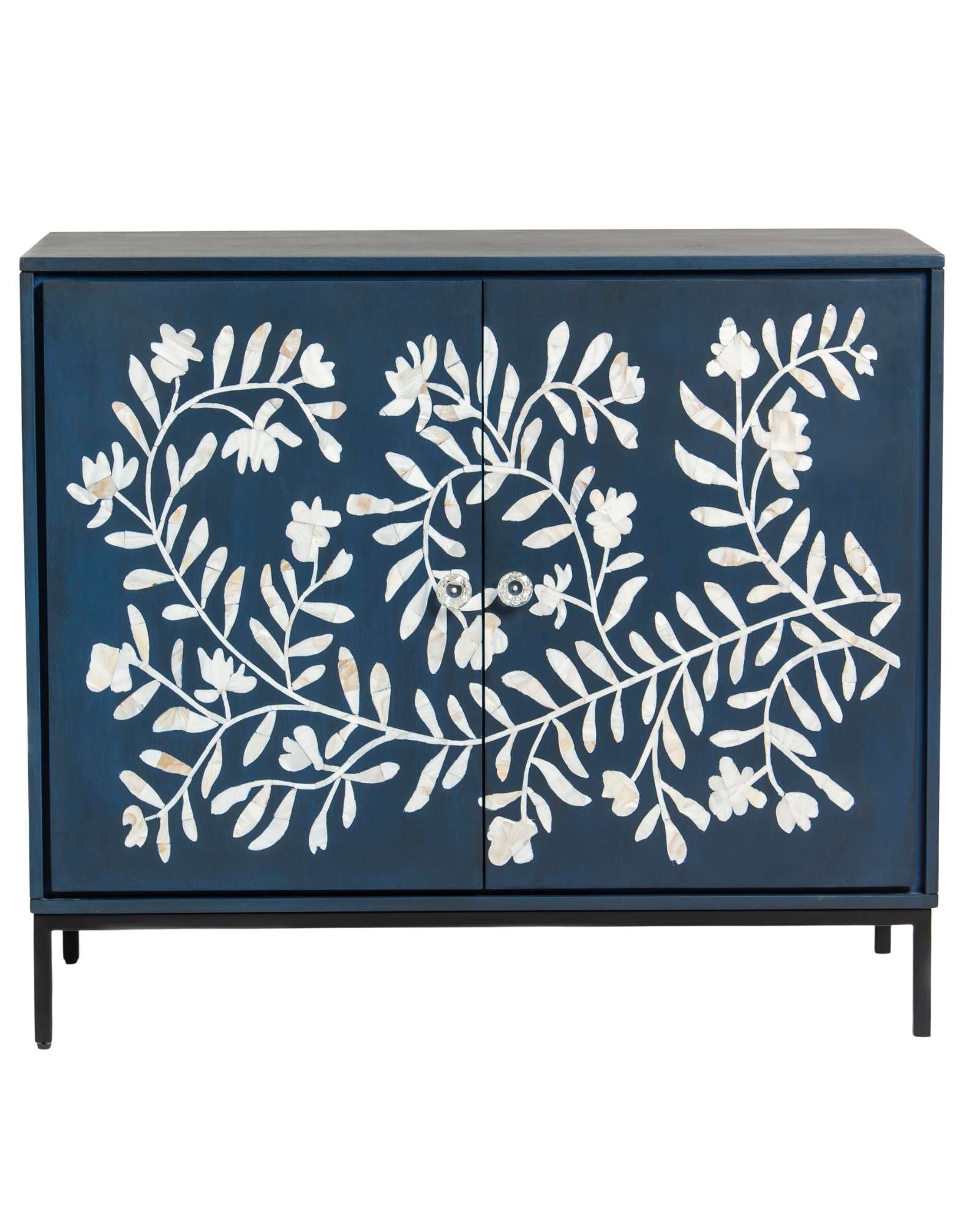 Mother of pearl inlay cabinet featuring intricate floral vine pattern in blue and white, handcrafted furniture piece.