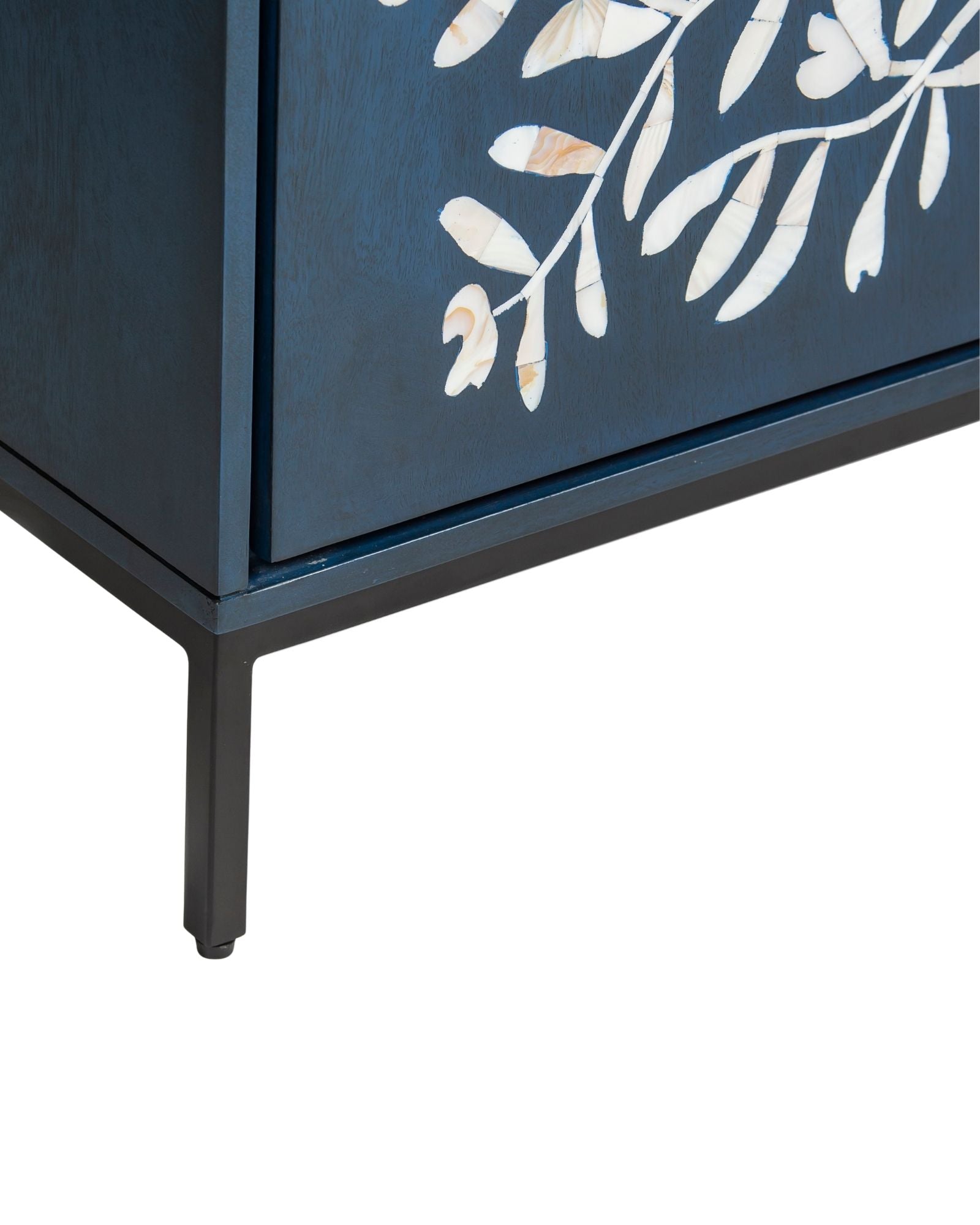 Mother of pearl inlay cabinet featuring intricate floral vine pattern in blue and white, handcrafted furniture piece.