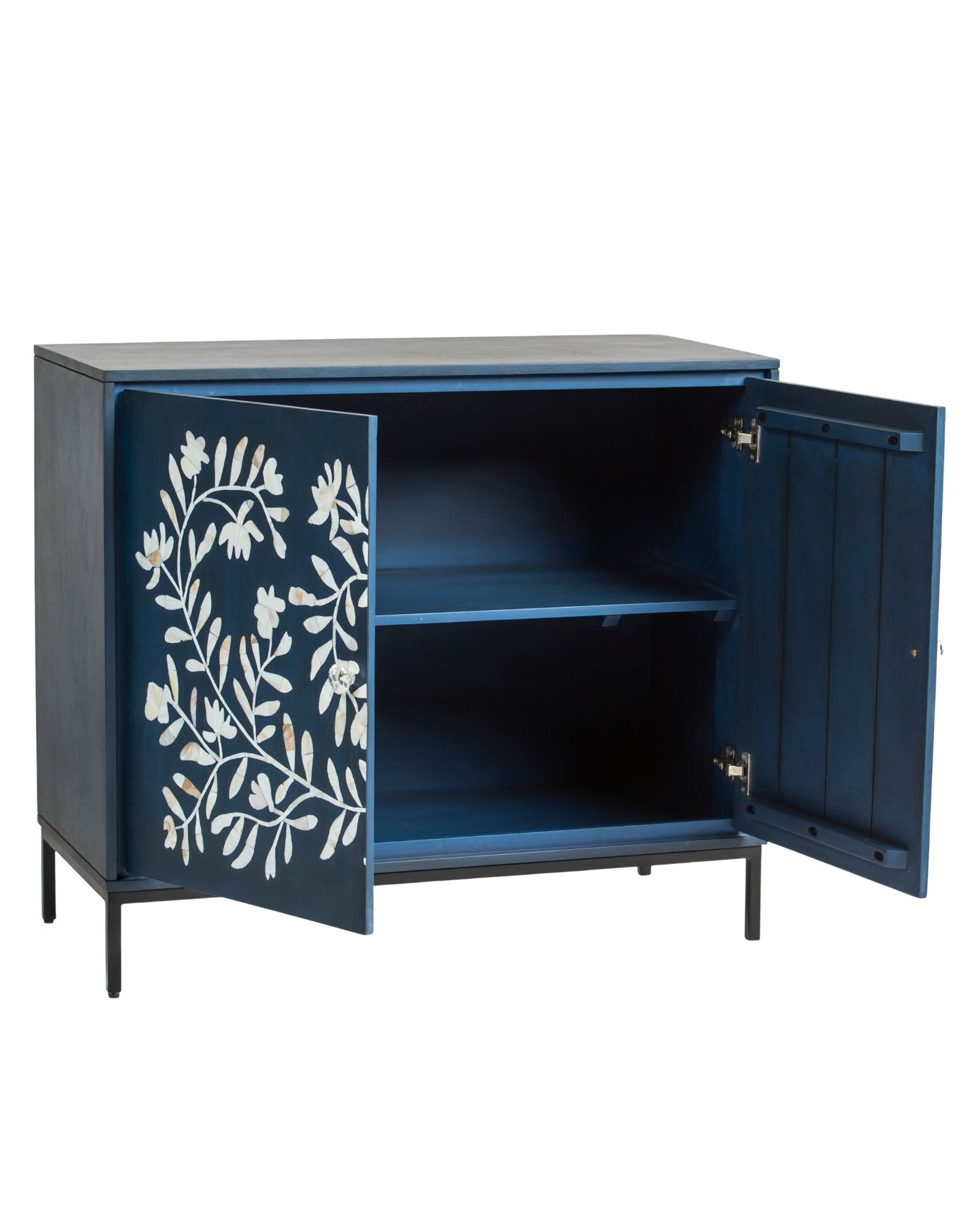 Mother of pearl inlay cabinet featuring intricate floral vine pattern in blue and white, handcrafted furniture piece.