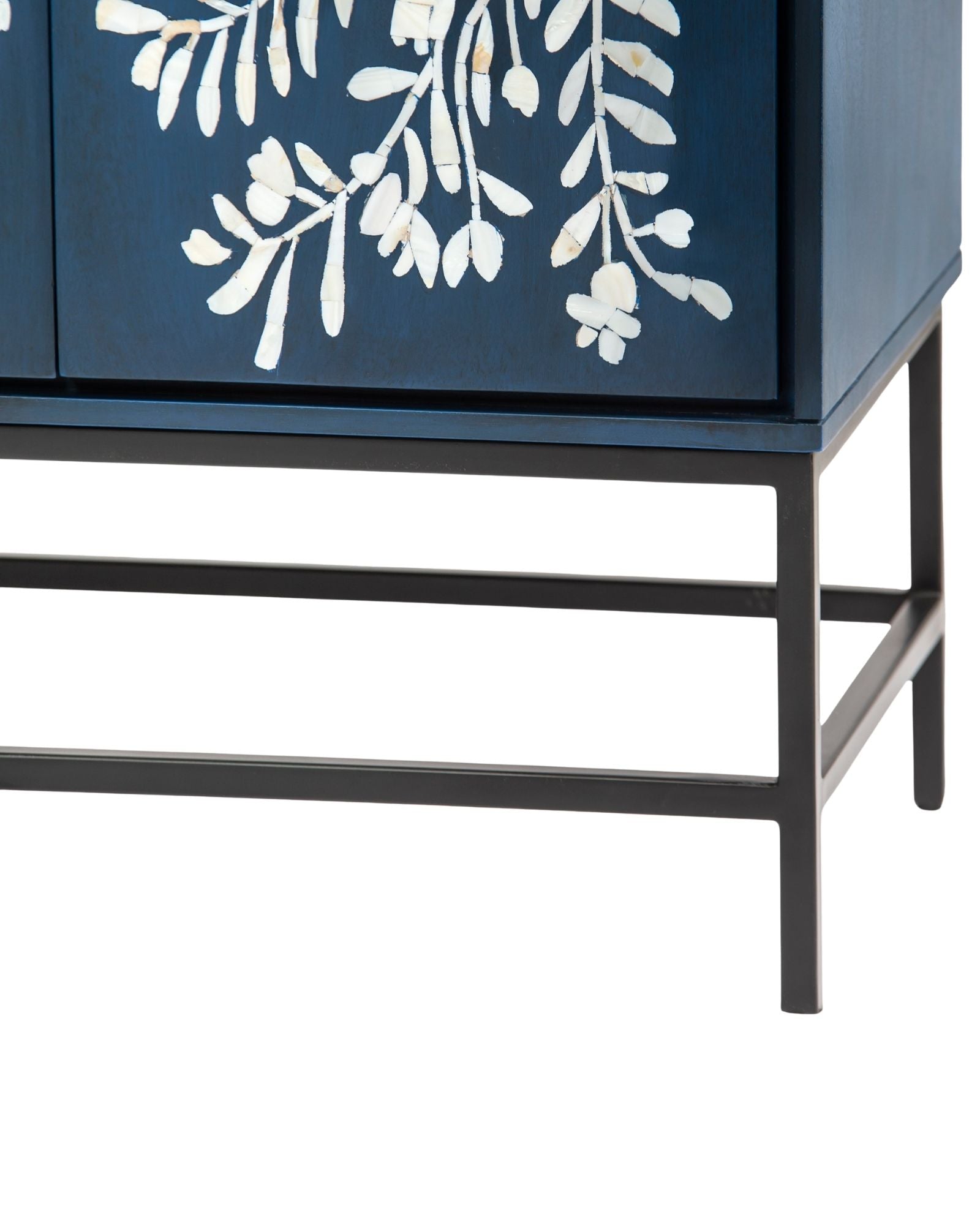 Mother of pearl inlay cabinet featuring intricate floral vine pattern in blue and white, handcrafted furniture piece.