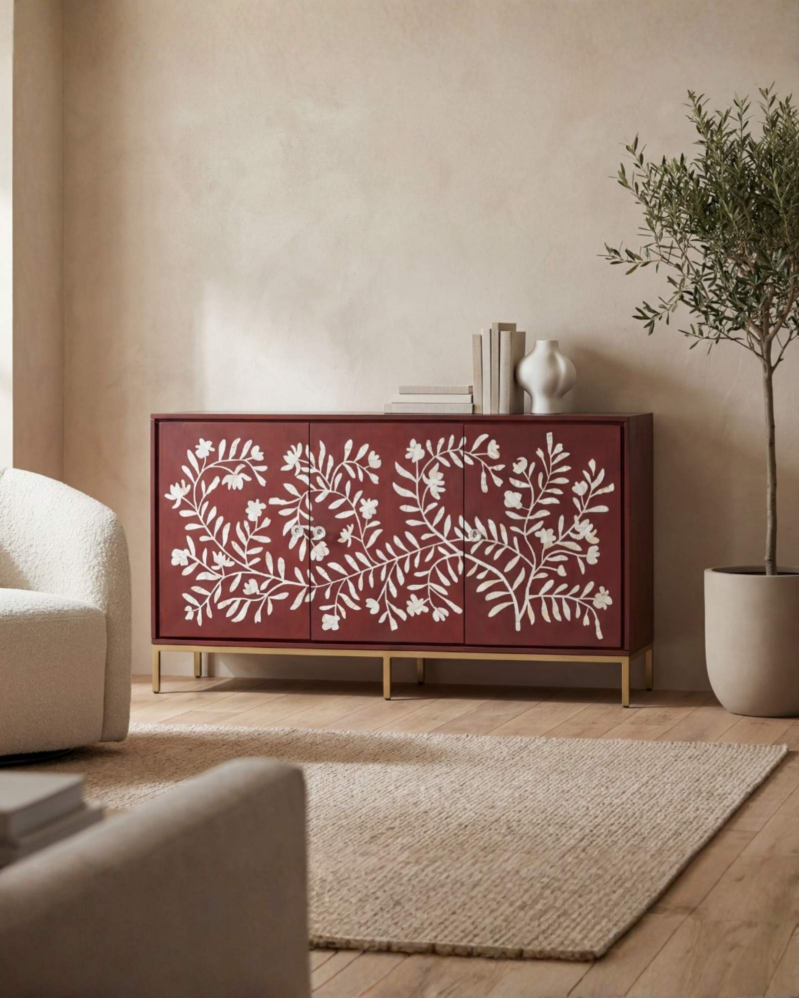 Mother of pearl inlay cabinet featuring intricate floral vine pattern in burgundy and white, handcrafted furniture piece.