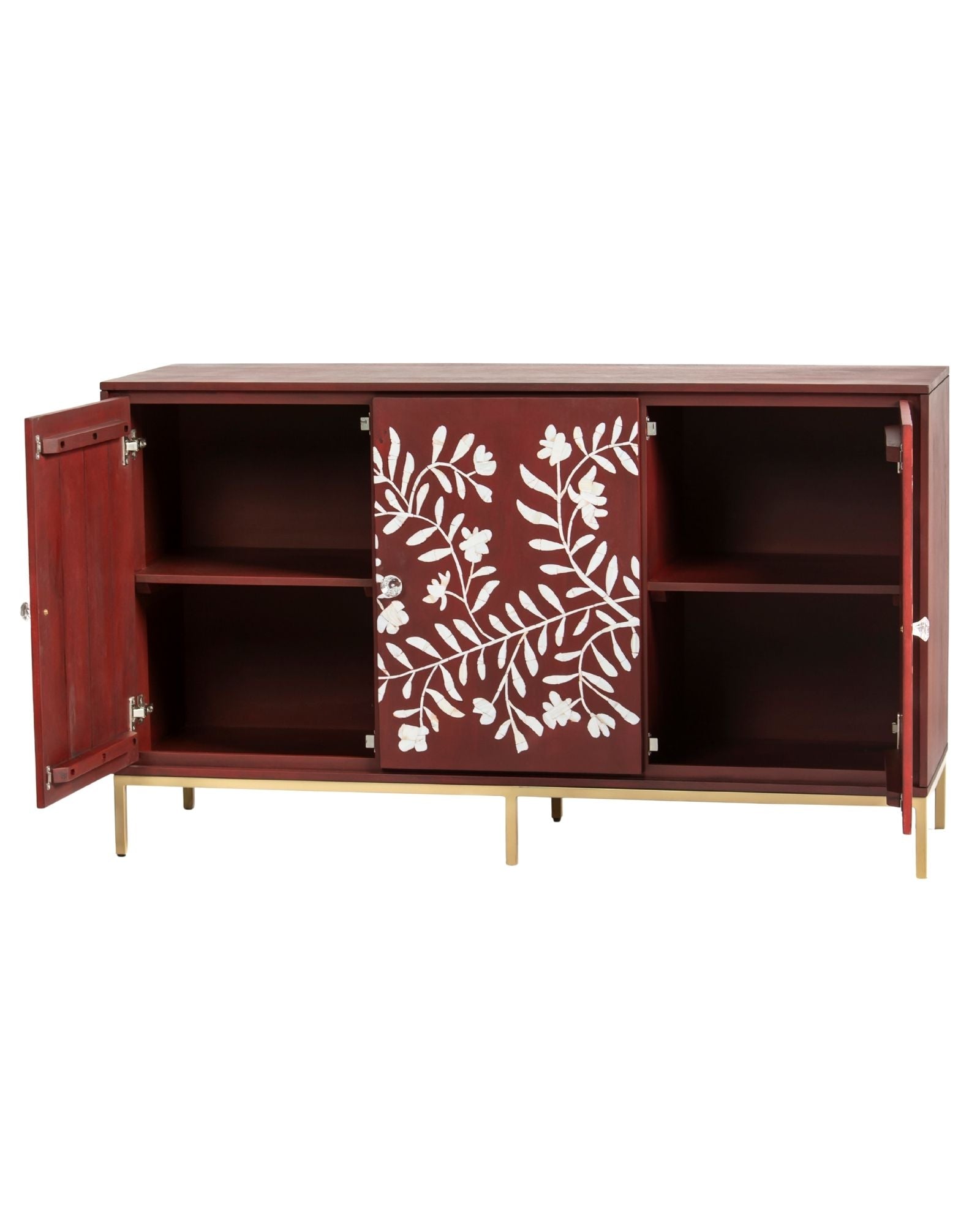 Mother of pearl inlay cabinet featuring intricate floral vine pattern in burgundy and white, handcrafted furniture piece.