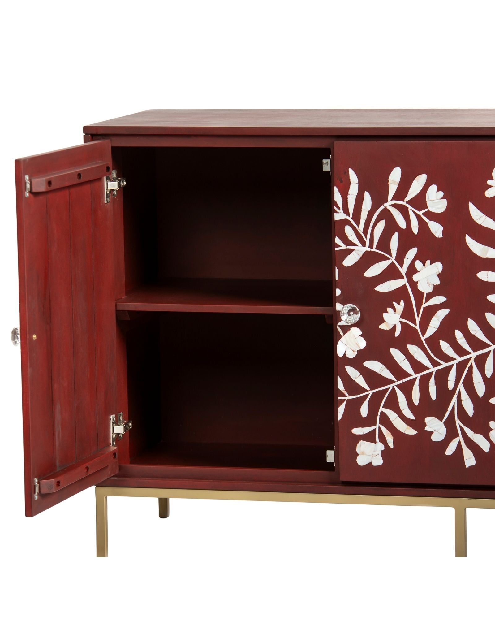Mother of pearl inlay cabinet featuring intricate floral vine pattern in burgundy and white, handcrafted furniture piece.