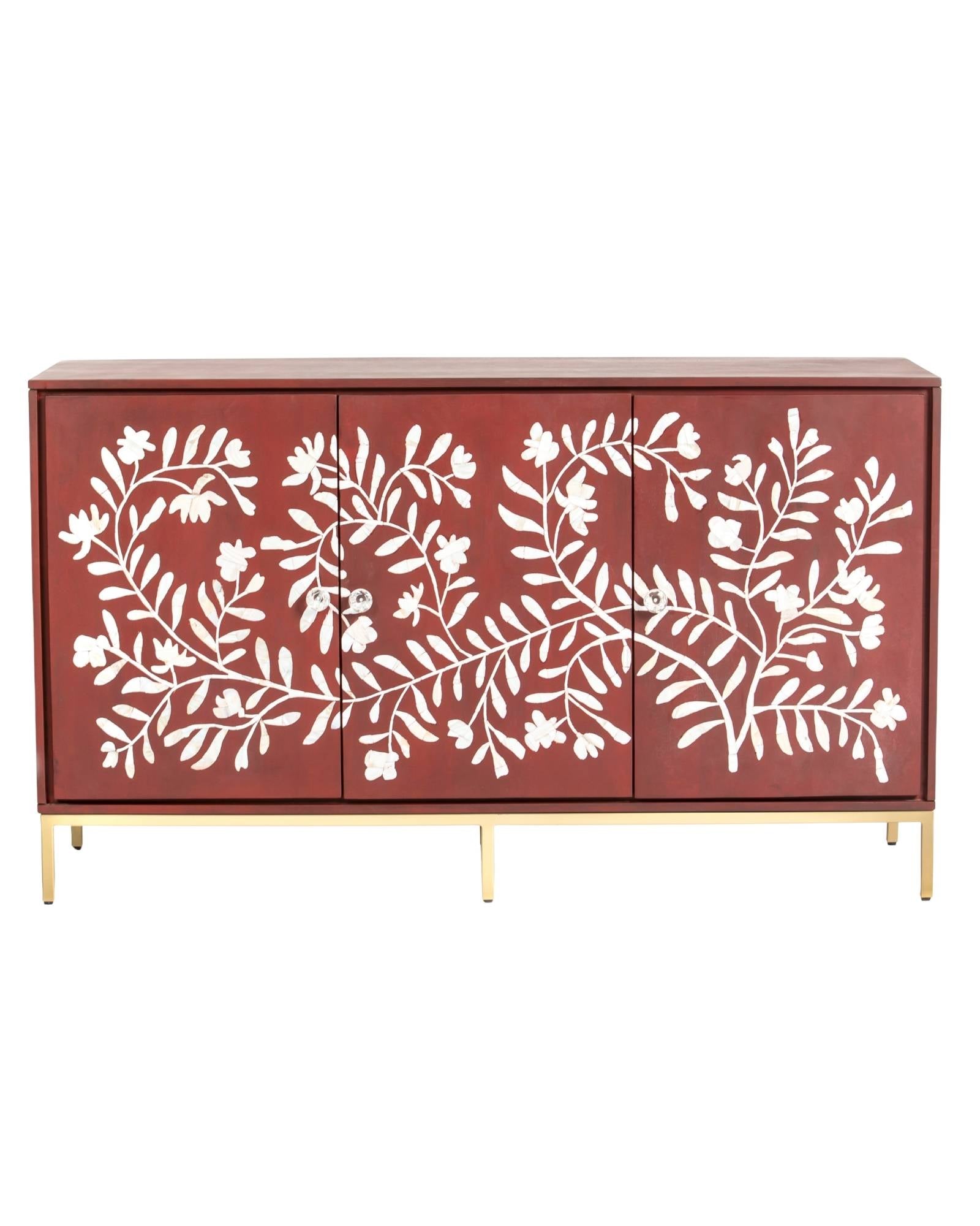 Mother of pearl inlay cabinet featuring intricate floral vine pattern in burgundy and white, handcrafted furniture piece.