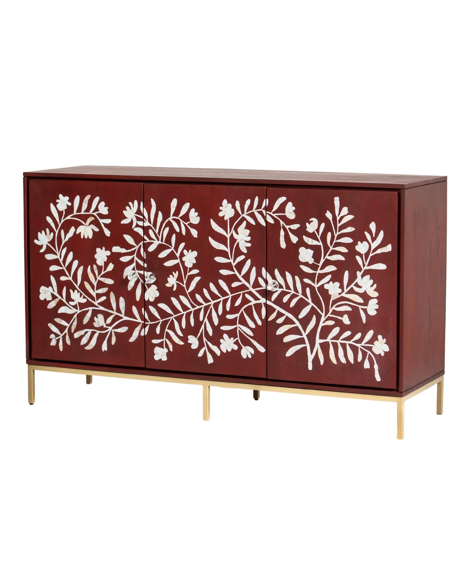 Mother of pearl inlay cabinet featuring intricate floral vine pattern in burgundy and white, handcrafted furniture piece.