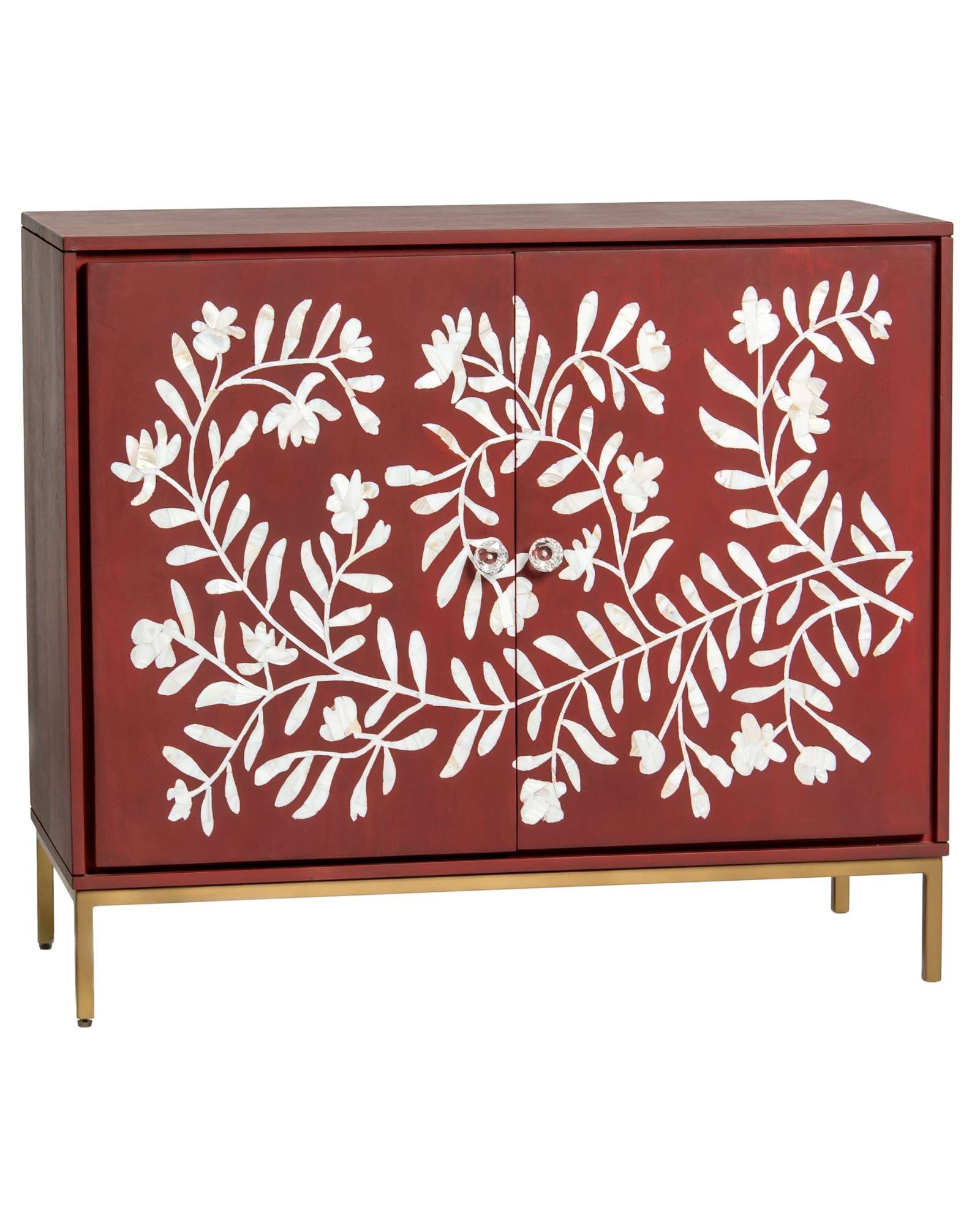 Mother of pearl inlay cabinet featuring intricate floral vine pattern in burgundy and white, handcrafted furniture piece.