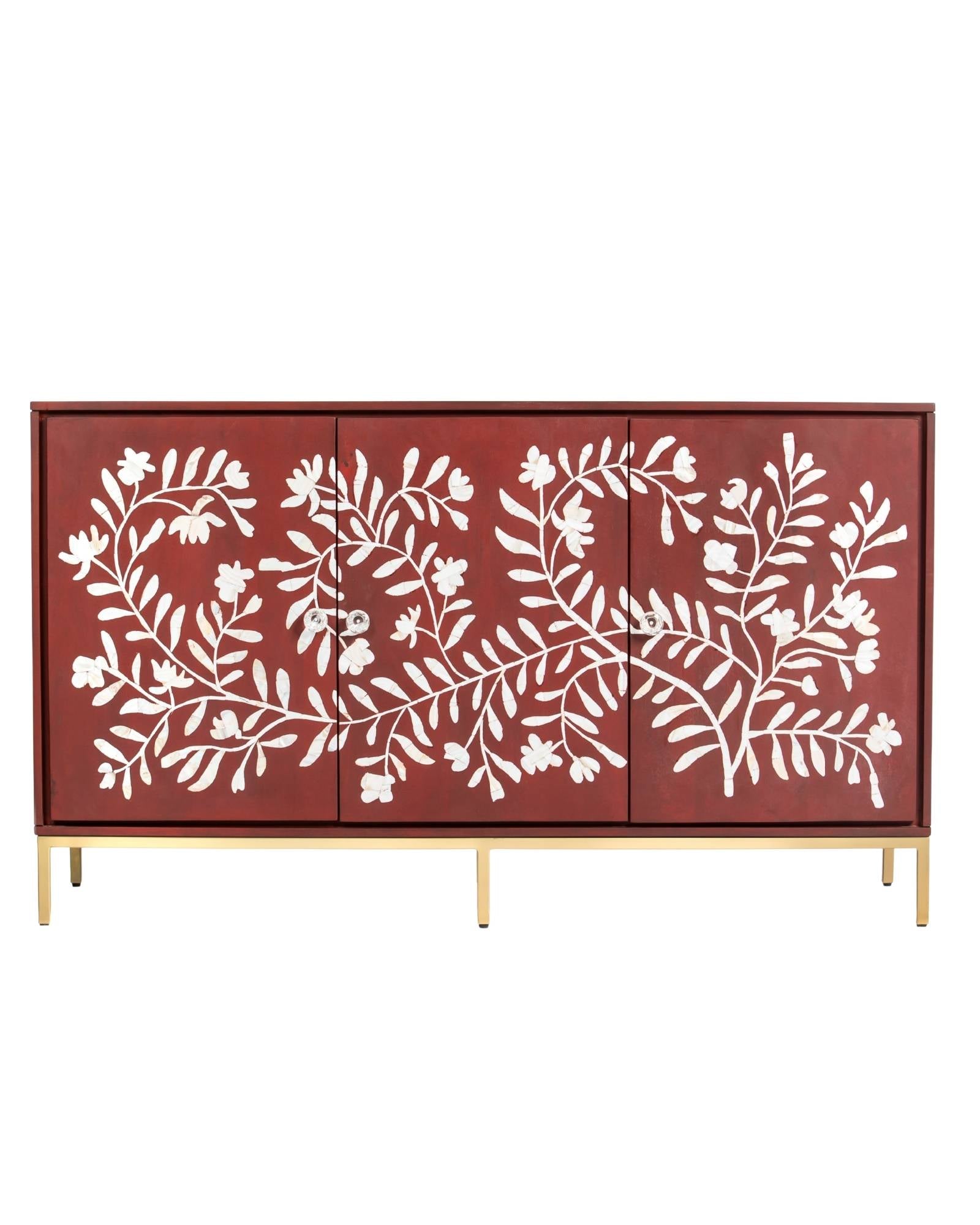 Mother of pearl inlay cabinet featuring intricate floral vine pattern in burgundy and white, handcrafted furniture piece.
