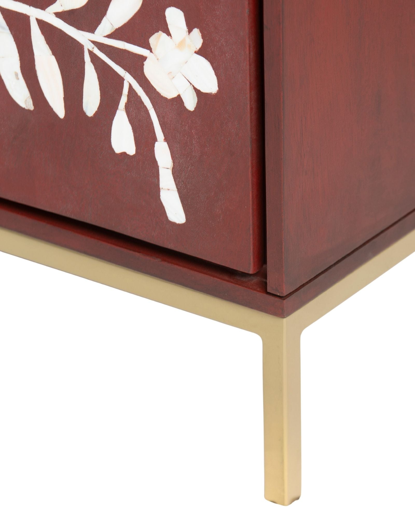 Mother of pearl inlay cabinet featuring intricate floral vine pattern in burgundy and white, handcrafted furniture piece.