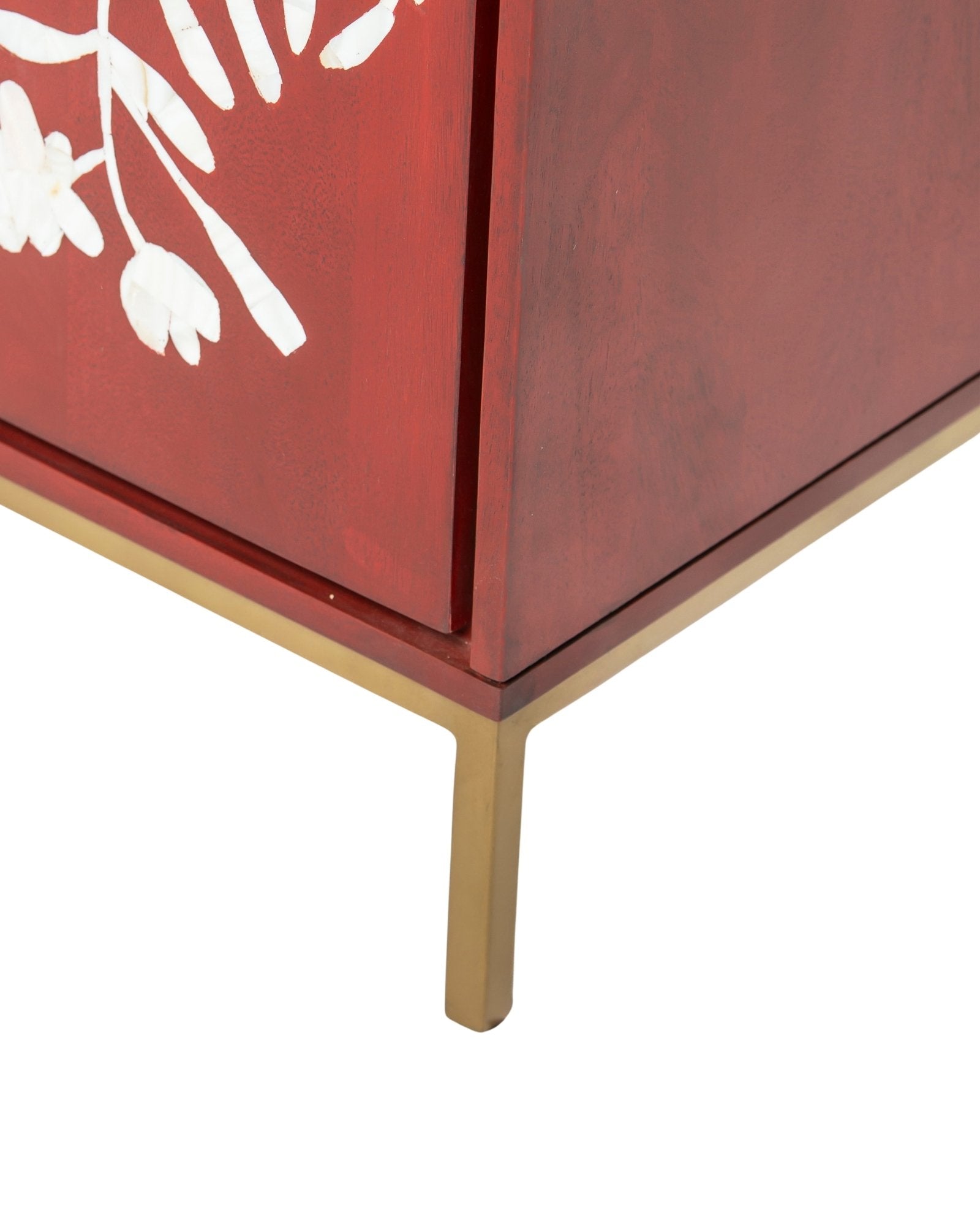 Mother of pearl inlay cabinet featuring intricate floral vine pattern in burgundy and white, handcrafted furniture piece.