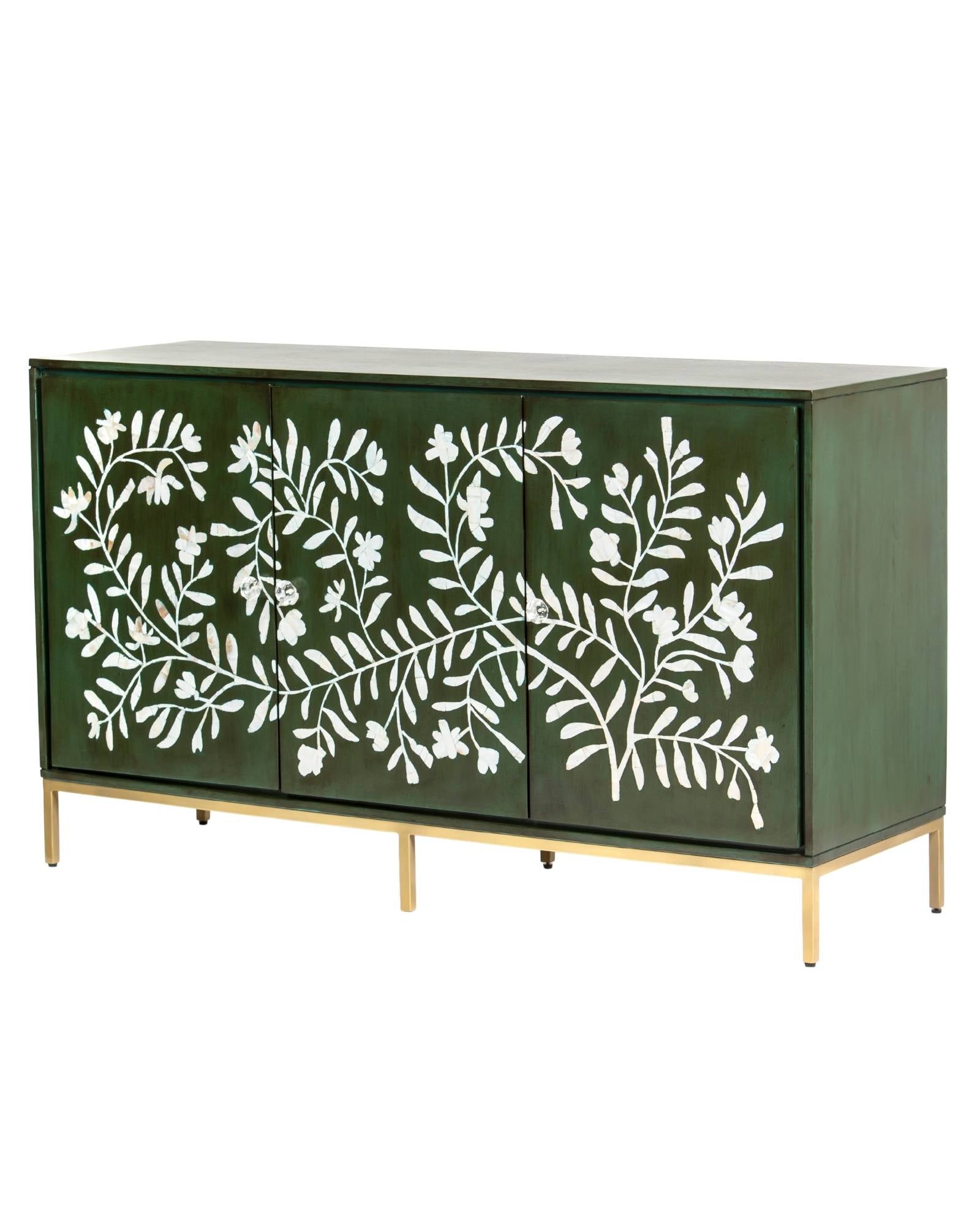 Mother of pearl inlay cabinet featuring intricate floral vine pattern in green and white, handcrafted furniture piece.