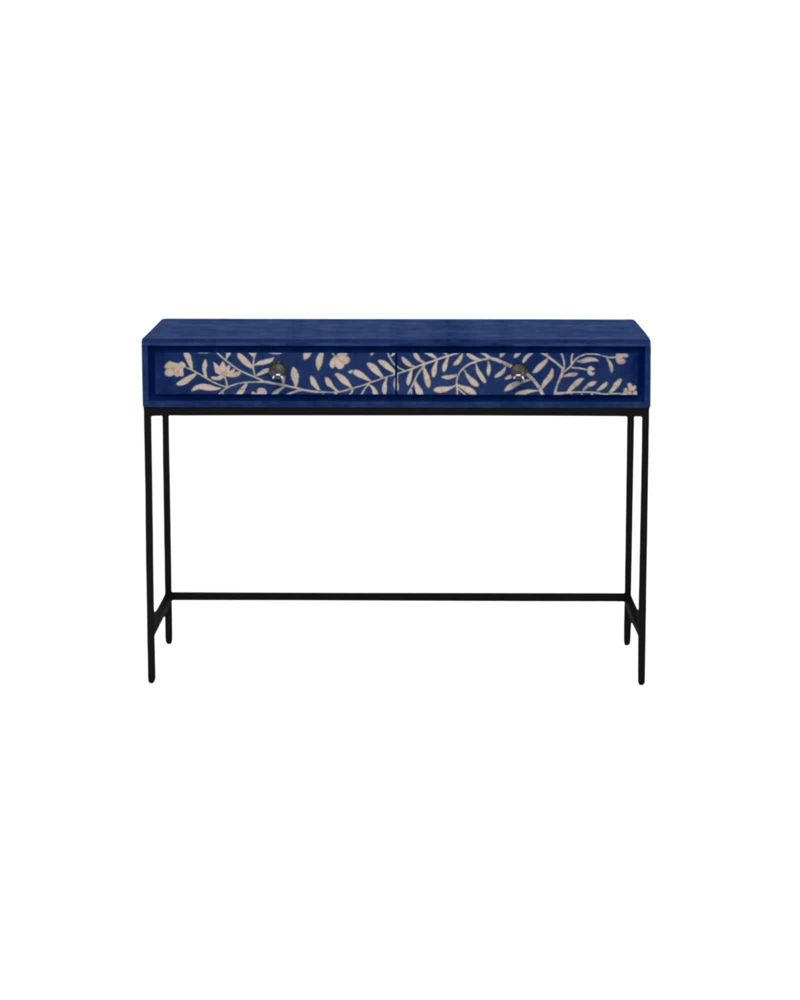 Handcrafted blue console table with floral mother of pearl inlay, three spacious drawers, and sleek black legs for a refined, modern look.