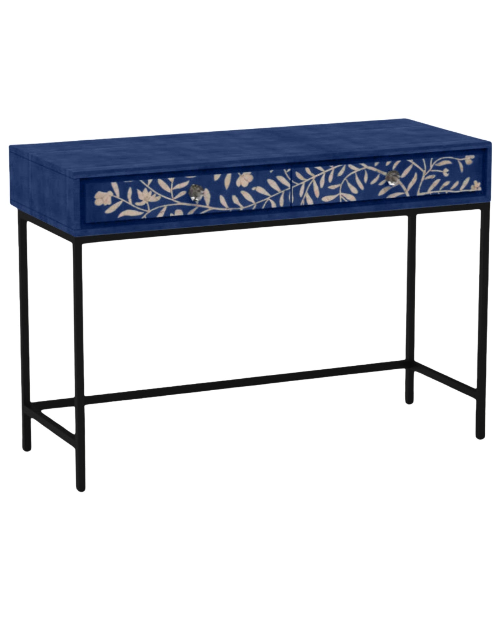 Handcrafted blue console table with floral mother of pearl inlay, three spacious drawers, and sleek black legs for a refined, modern look.