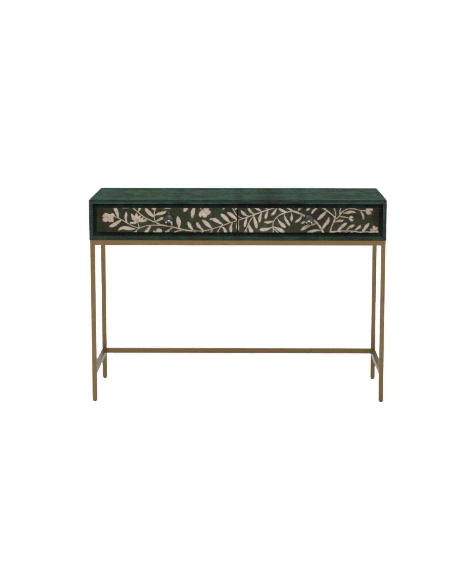 Handcrafted green console table with floral mother of pearl inlay, three spacious drawers, and sleek gold legs for a refined, modern look.