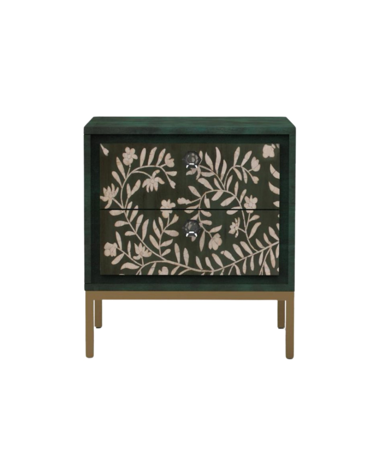 Handcrafted green side drawer with floral mother of pearl inlay, two drawers, and gold legs for refined and practical storage.