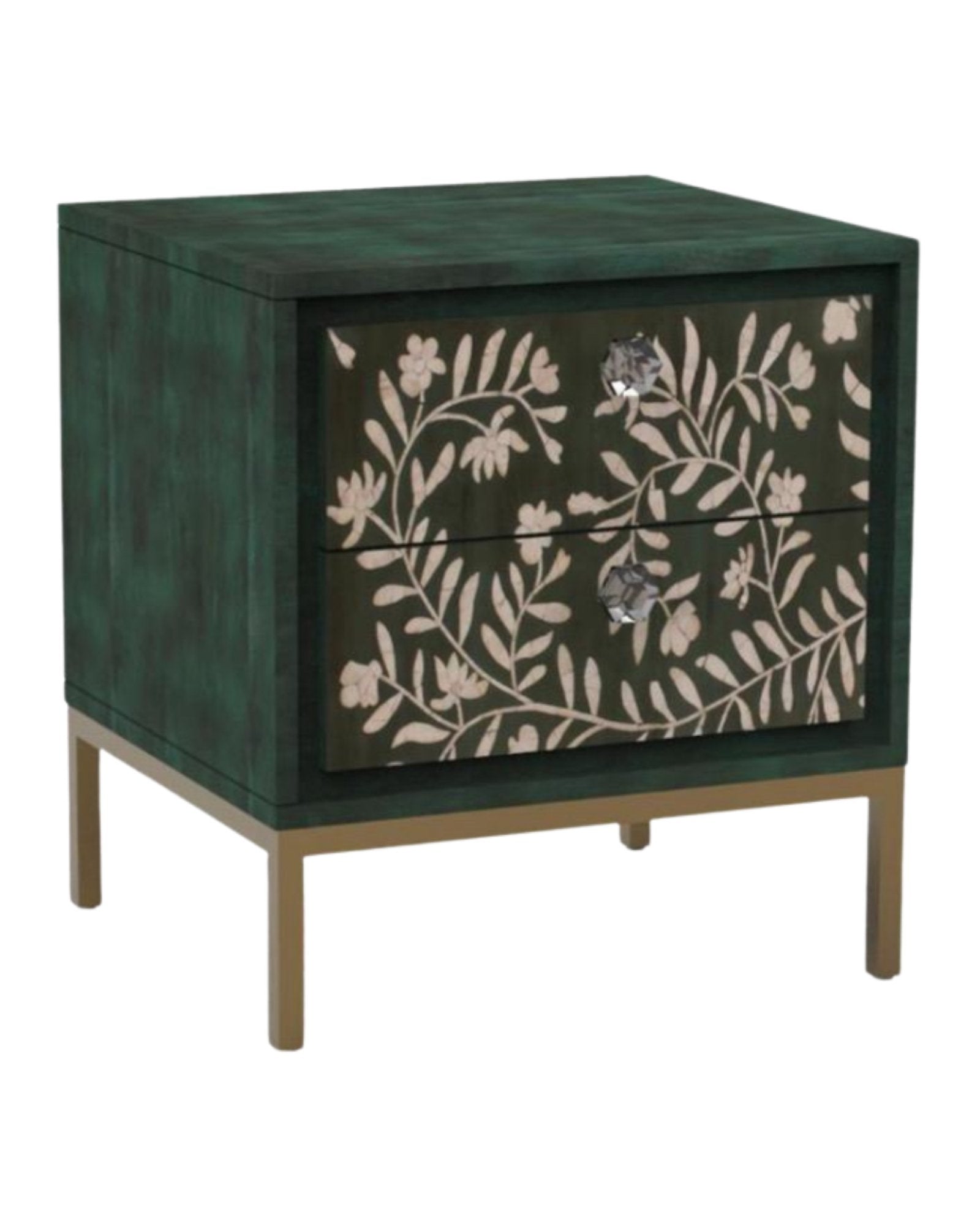 Handcrafted green side drawer with floral mother of pearl inlay, two drawers, and gold legs for refined and practical storage.