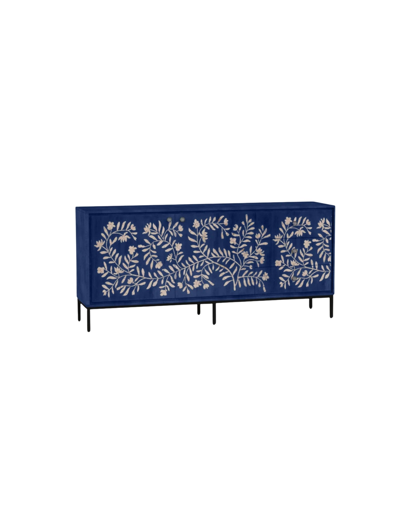 Handcrafted blue sideboard with floral mother of pearl inlay, two doors, three spacious drawers, and sleek black legs for refined storage.