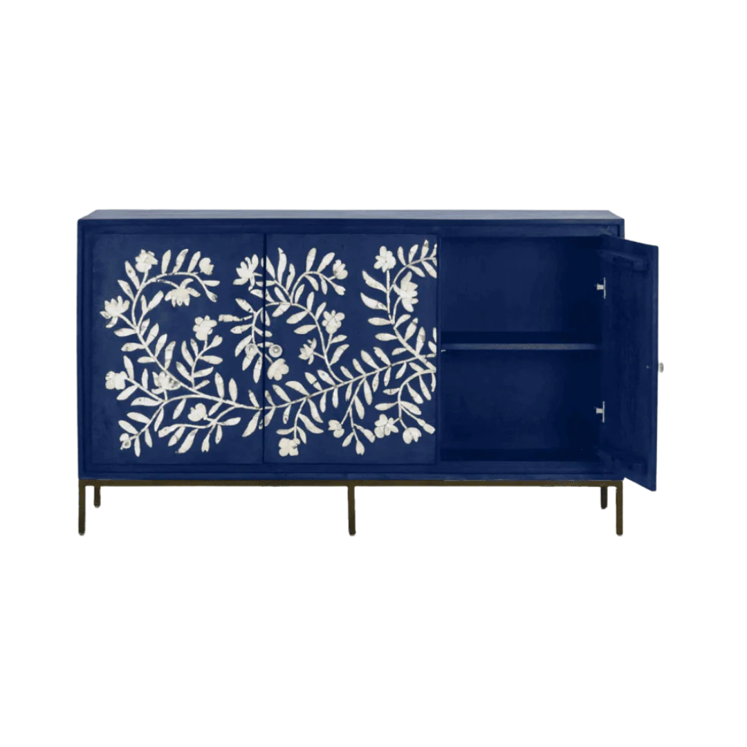 Handcrafted blue cabinet with intricate mother-of-pearl inlay, featuring a floral pattern and sleek metal legs. A luxurious storage solution for any space.
