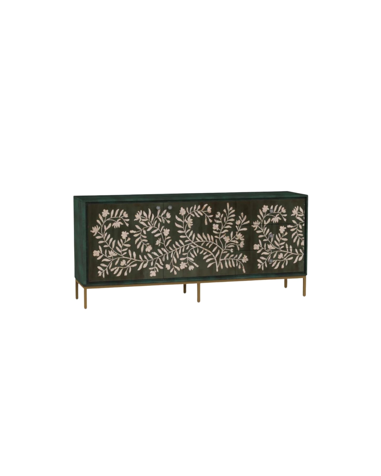 Handcrafted green sideboard with floral mother of pearl inlay, two doors, three spacious drawers, and sleek black legs for refined storage.