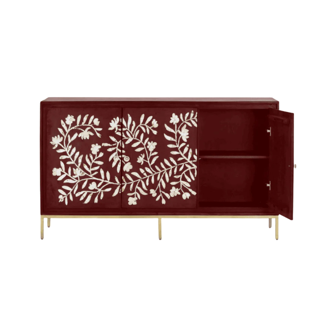 Handcrafted burgundy cabinet featuring intricate mother-of-pearl inlay, a floral pattern, and modern metal legs. A luxurious and functional storage piece.
