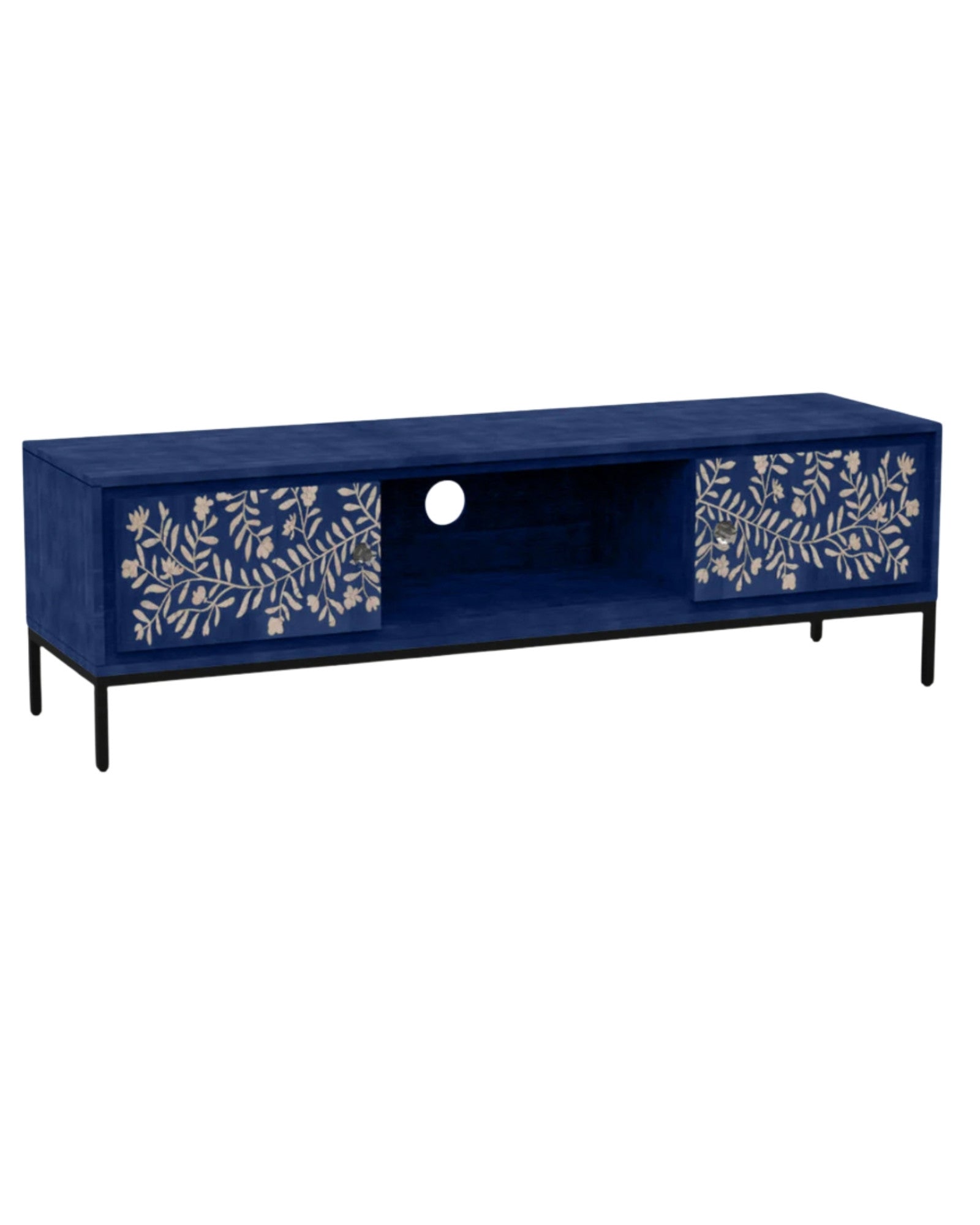 Handcrafted blue TV unit with floral mother of pearl inlay, two spacious cabinets, and central wiring access for a refined, modern setup.