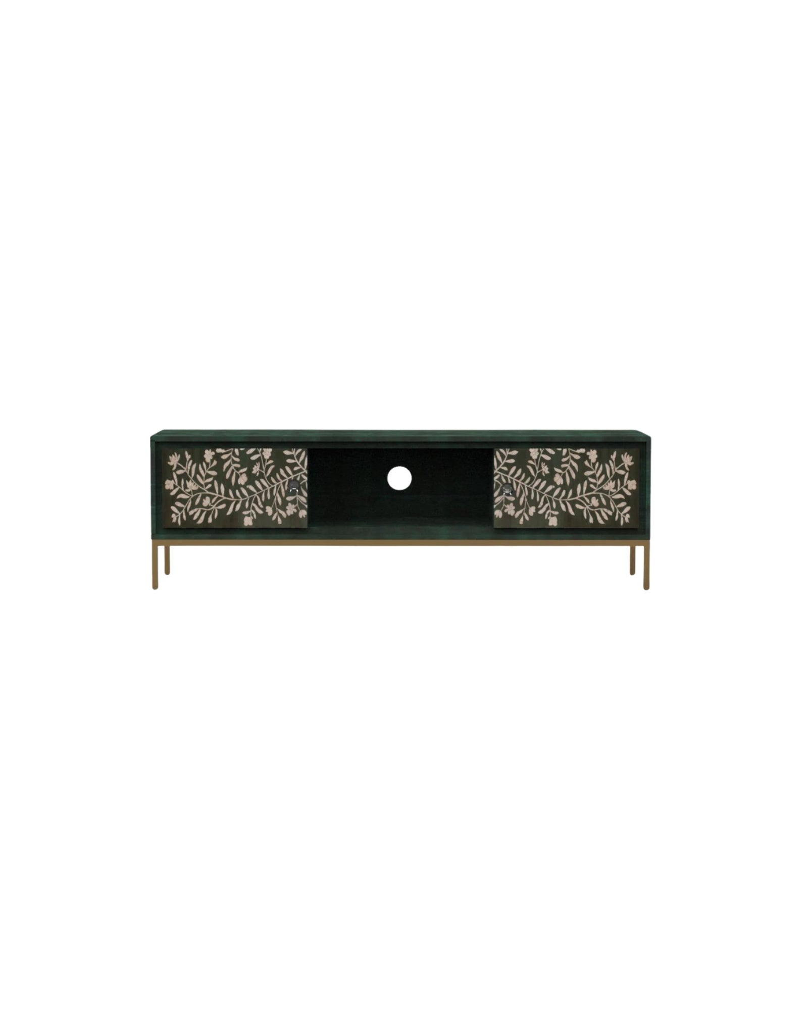 Handcrafted green TV unit with floral mother of pearl inlay, two spacious cabinets, and central wiring access for a refined, modern setup.
