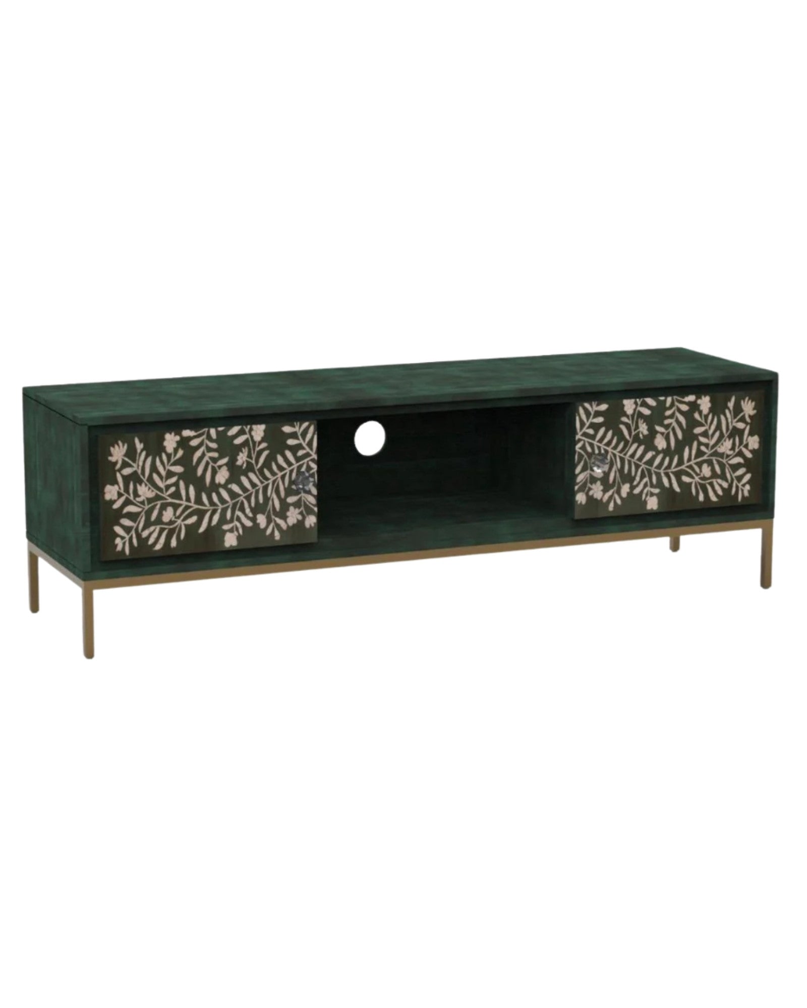 Handcrafted green TV unit with floral mother of pearl inlay, two spacious cabinets, and central wiring access for a refined, modern setup.