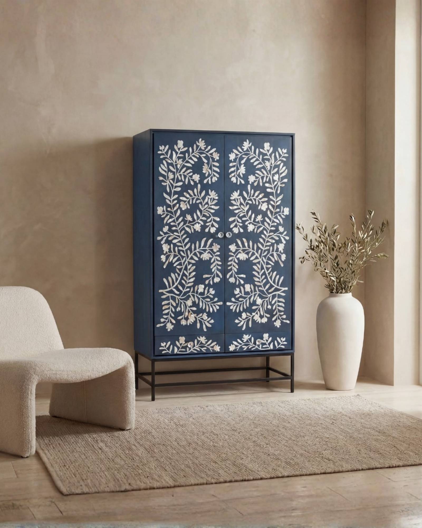 Mother of pearl inlay cabinet featuring intricate floral vine pattern in blue and white, handcrafted furniture piece.