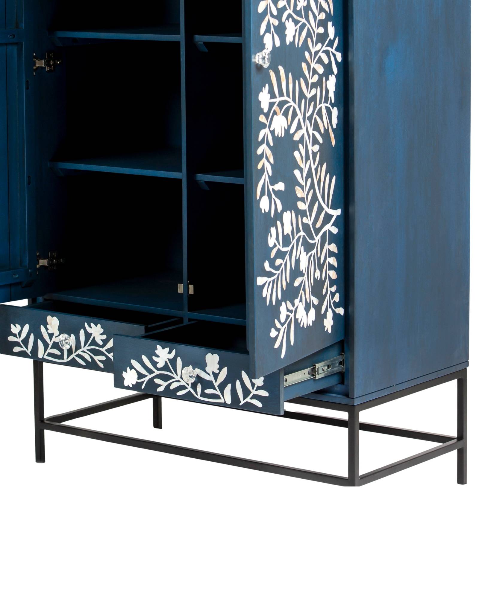Mother of pearl inlay cabinet featuring intricate floral vine pattern in blue and white, handcrafted furniture piece.
