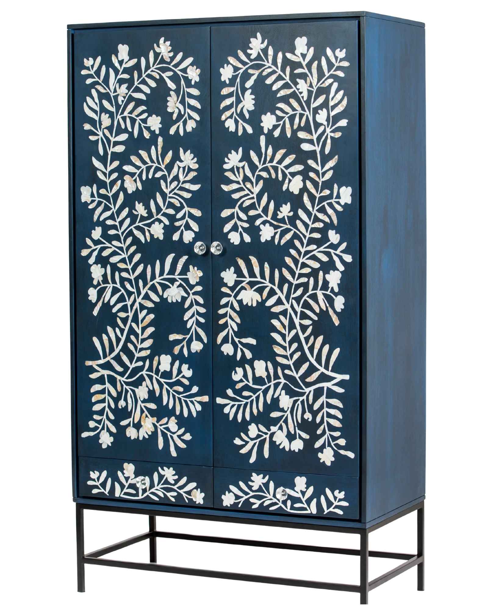Mother of pearl inlay cabinet featuring intricate floral vine pattern in blue and white, handcrafted furniture piece.