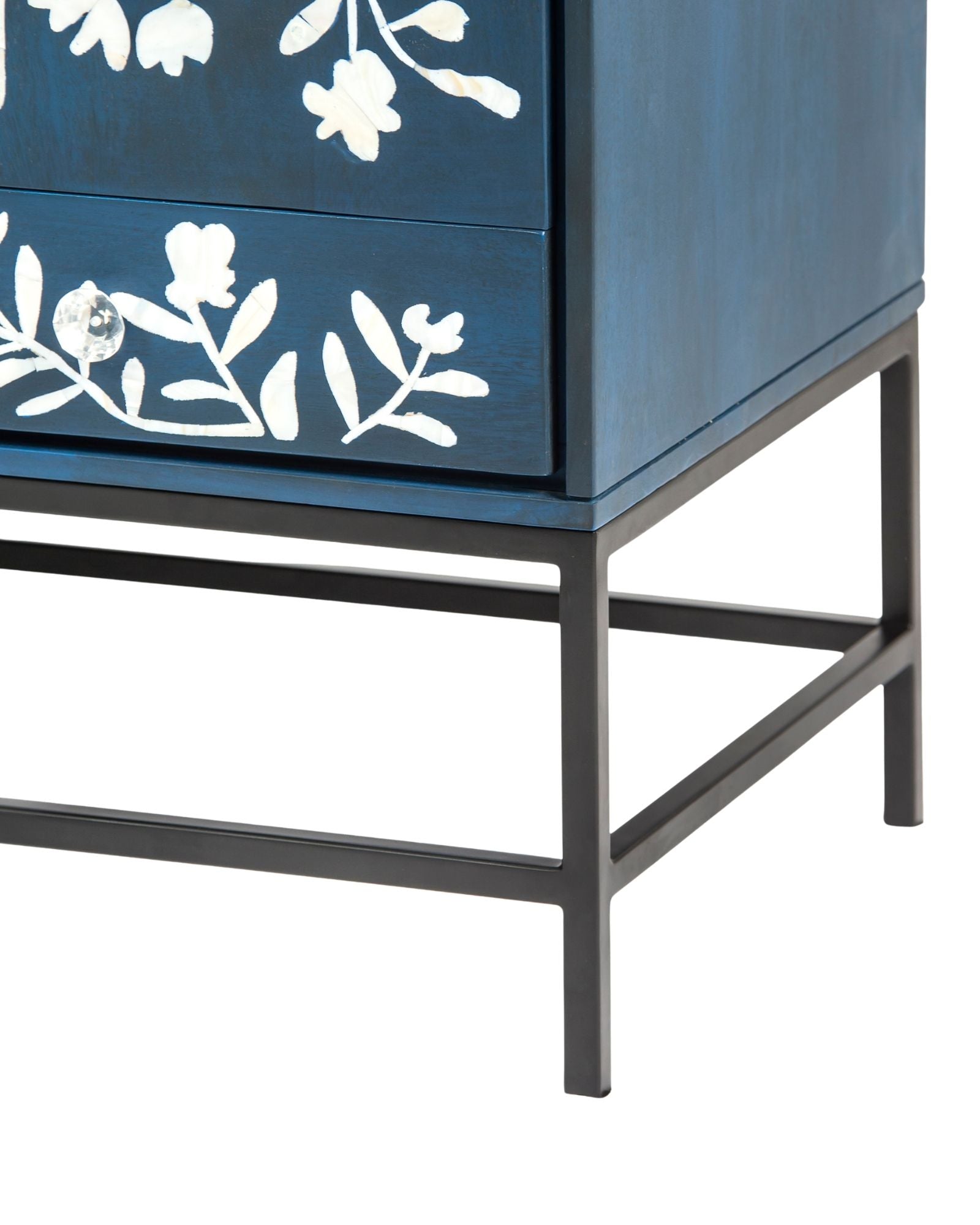 Mother of pearl inlay cabinet featuring intricate floral vine pattern in blue and white, handcrafted furniture piece.