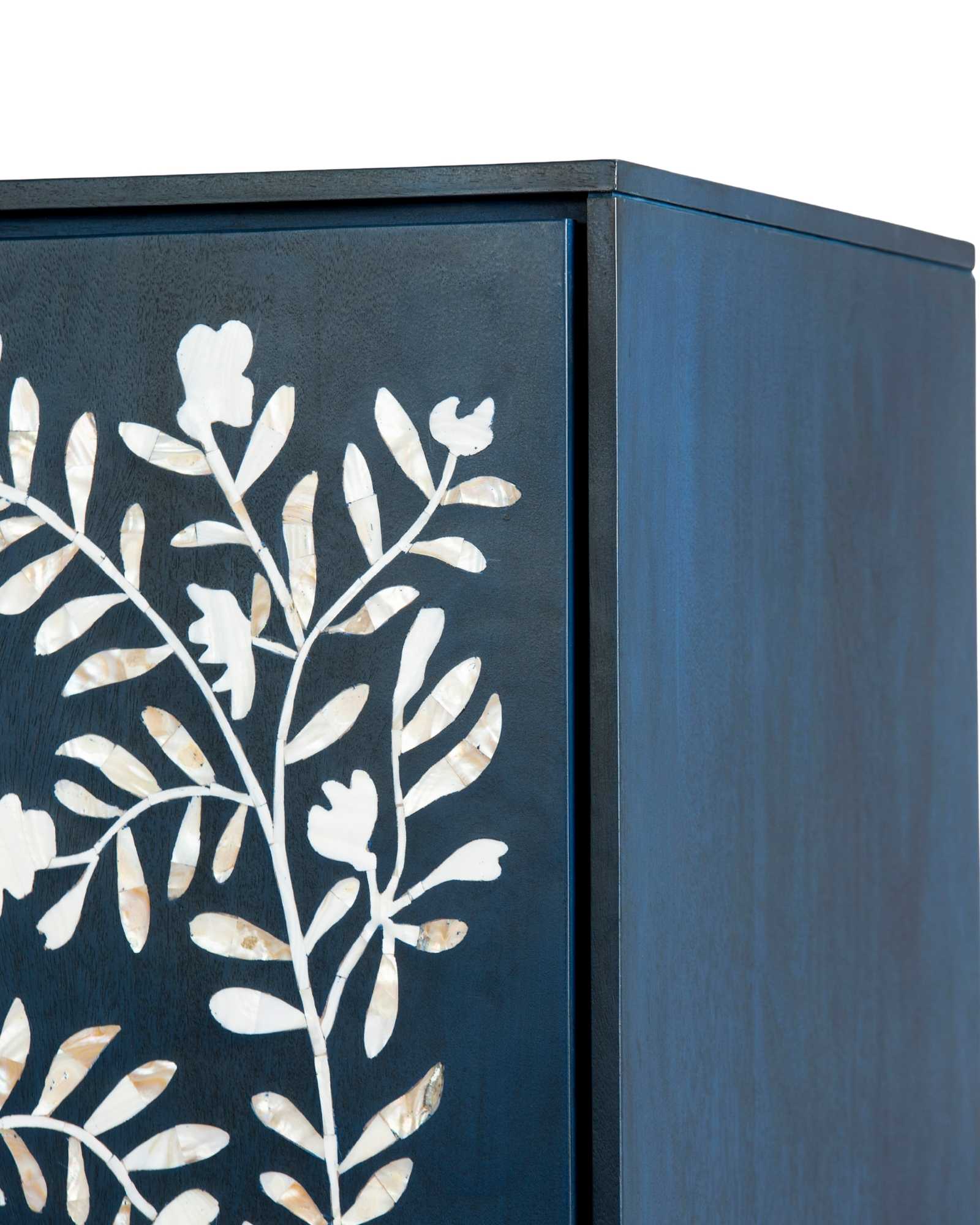 Mother of pearl inlay cabinet featuring intricate floral vine pattern in blue and white, handcrafted furniture piece.