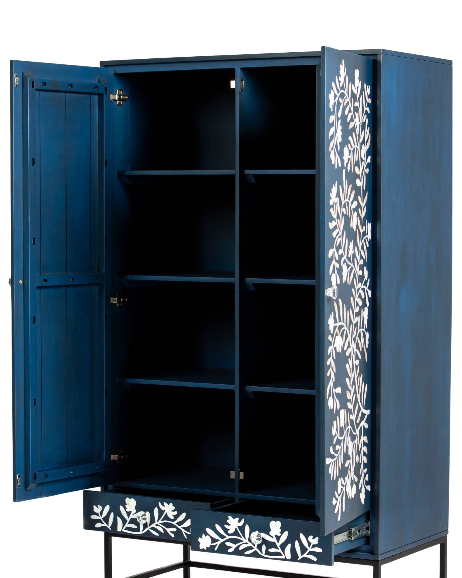 Mother of pearl inlay cabinet featuring intricate floral vine pattern in blue and white, handcrafted furniture piece.