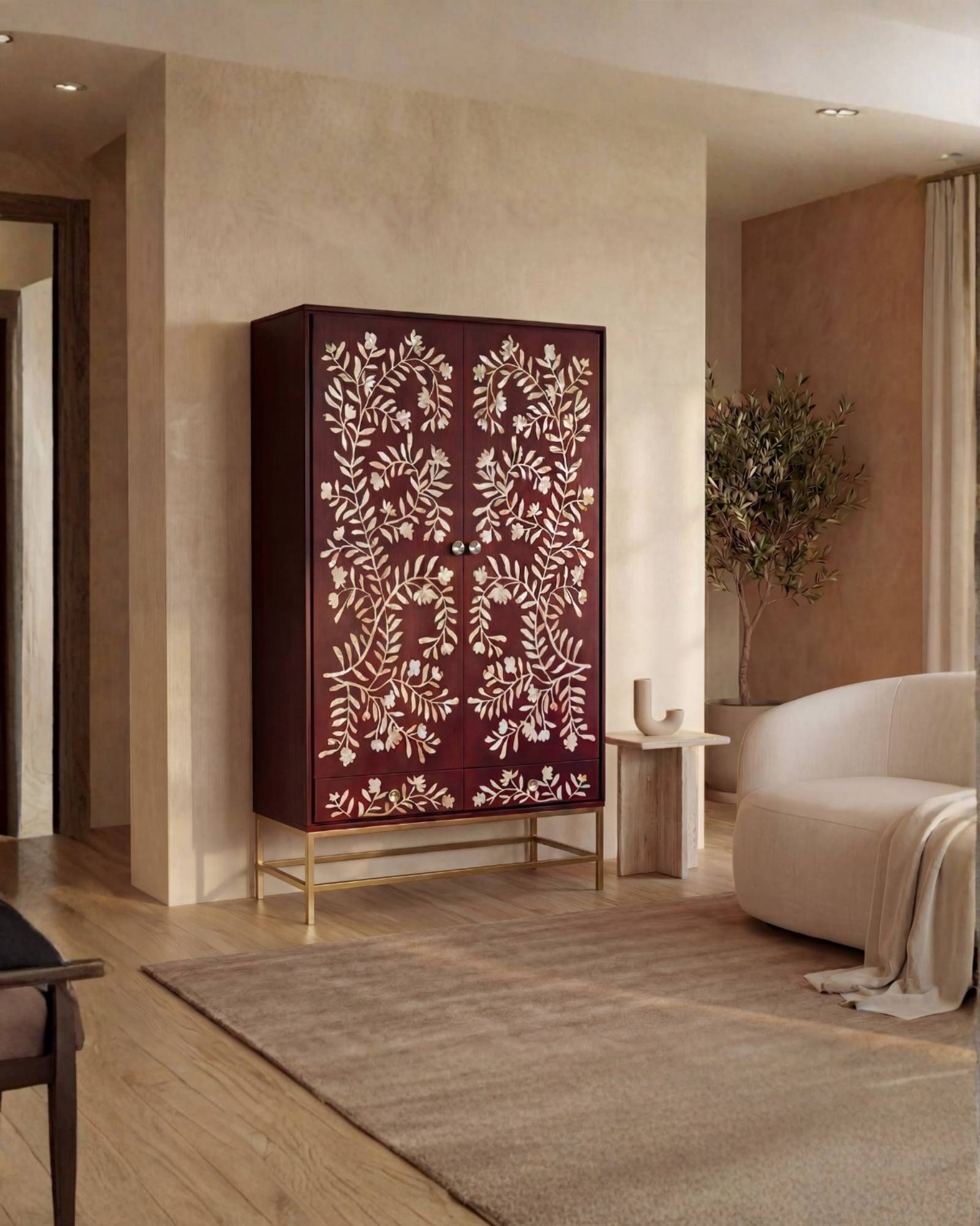 Mother of pearl inlay cabinet featuring intricate floral vine pattern in burgundy and white, handcrafted furniture piece.