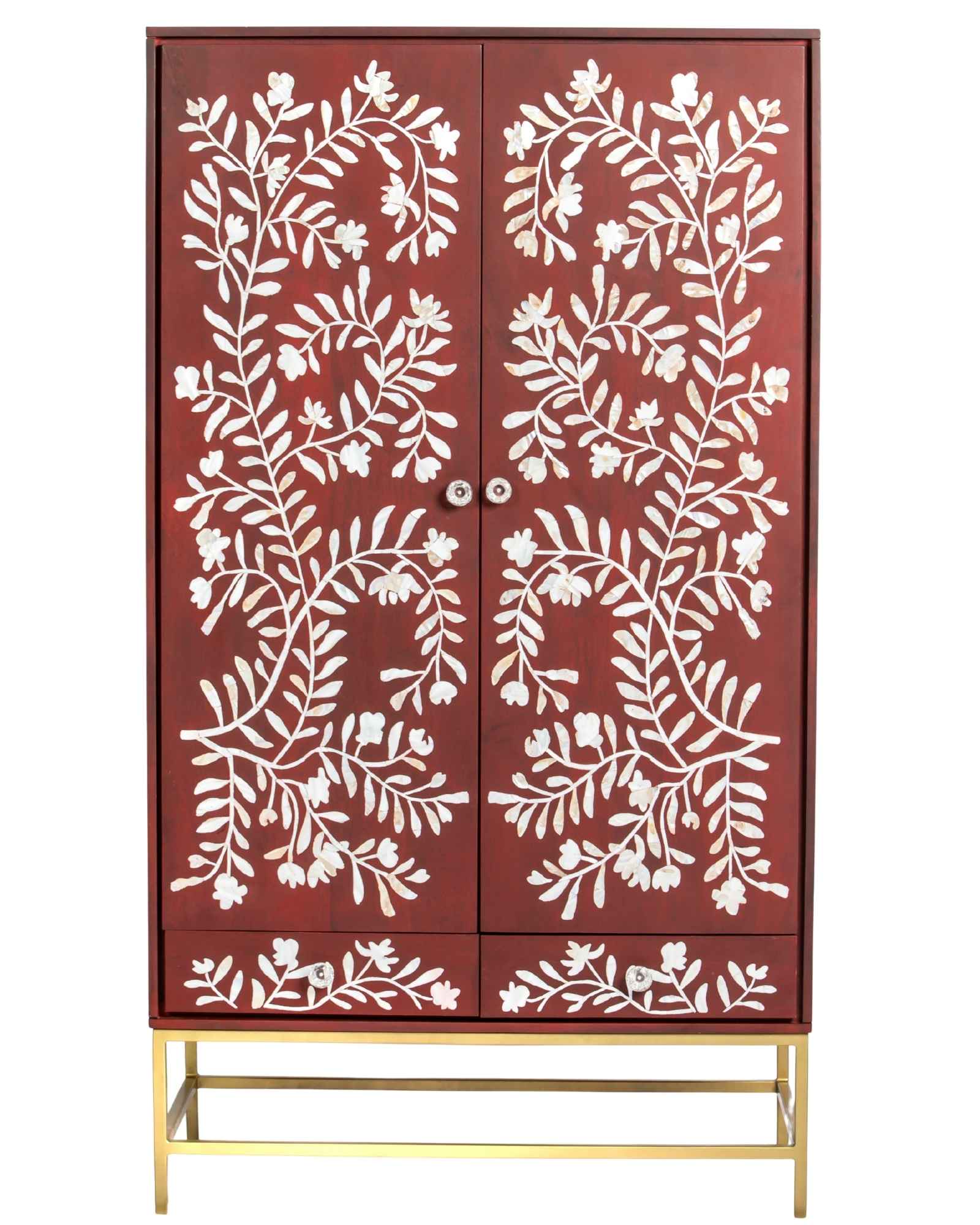 Mother of pearl inlay cabinet featuring intricate floral vine pattern in burgundy and white, handcrafted furniture piece.