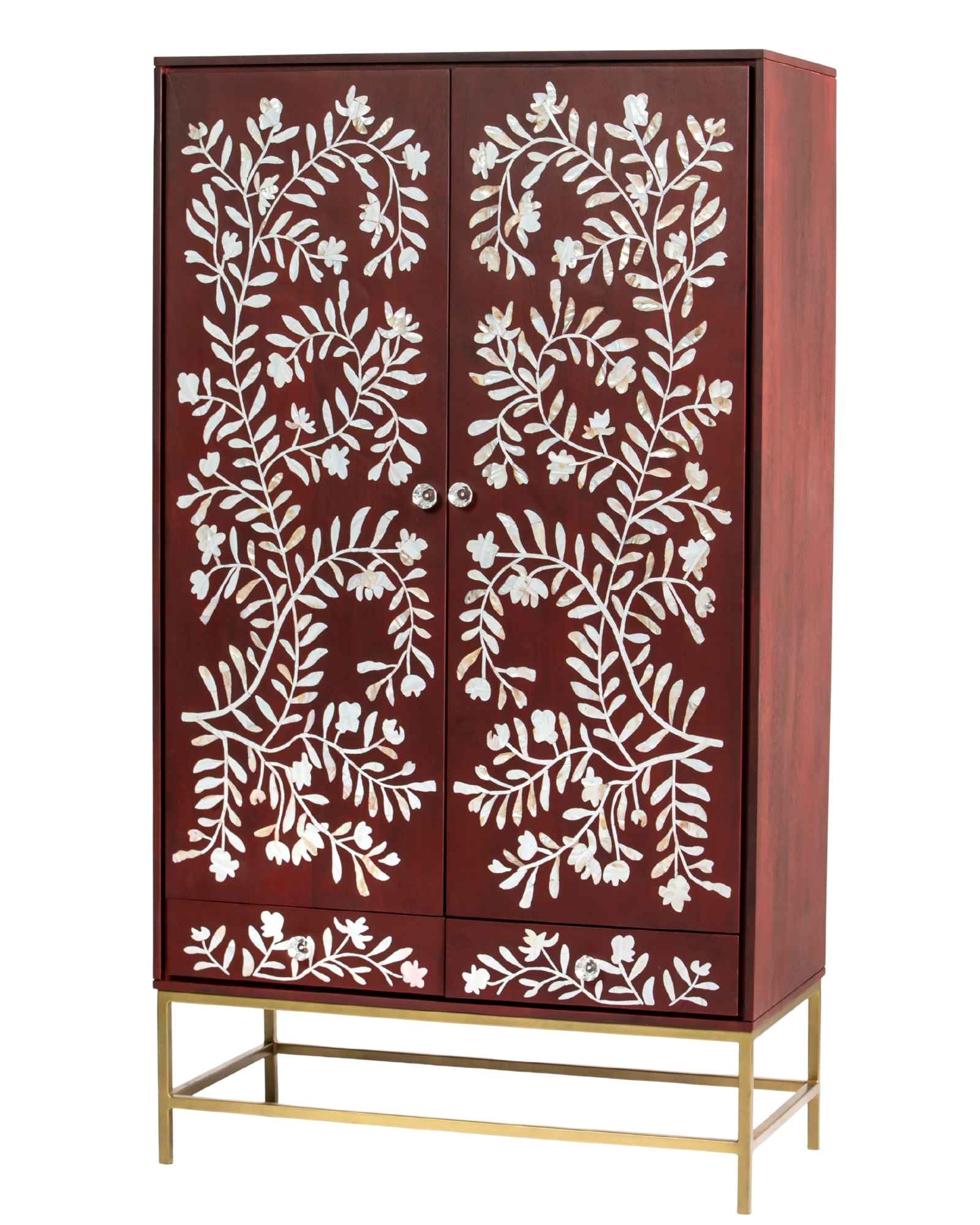 Mother of pearl inlay cabinet featuring intricate floral vine pattern in burgundy and white, handcrafted furniture piece