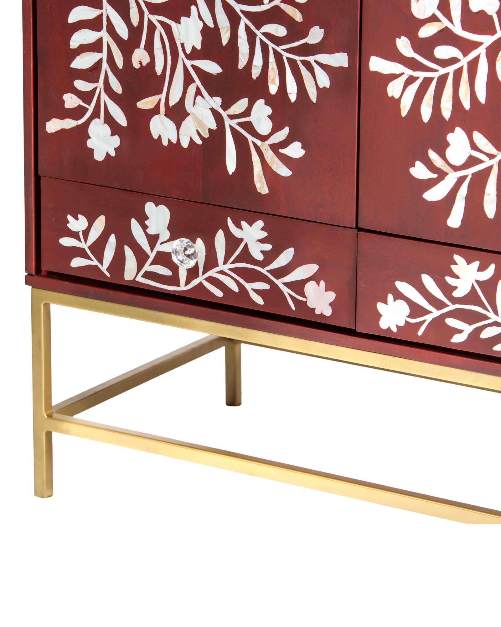 Mother of pearl inlay cabinet featuring intricate floral vine pattern in burgundy and white, handcrafted furniture piece.