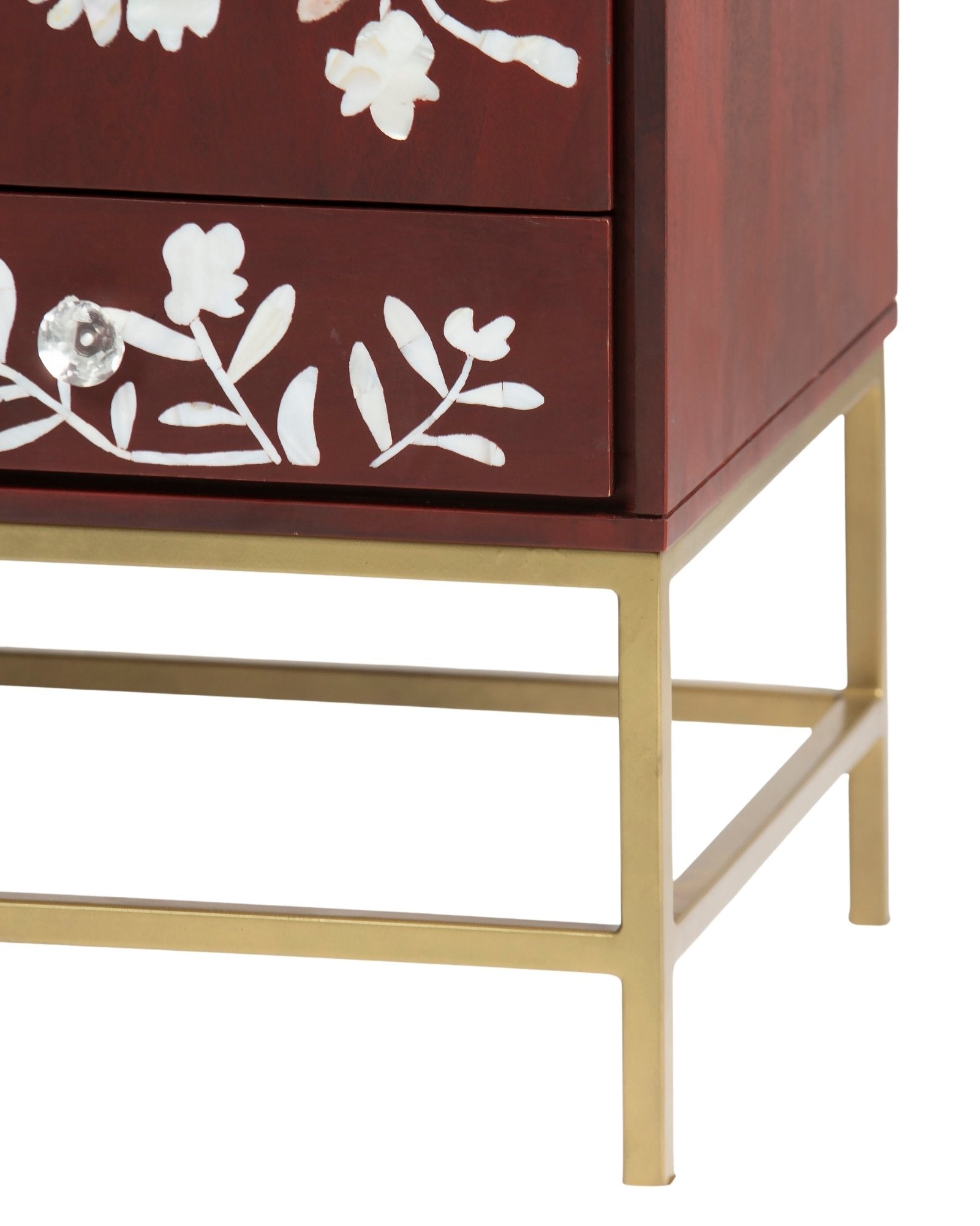 Mother of pearl inlay cabinet featuring intricate floral vine pattern in burgundy and white, handcrafted furniture piece.